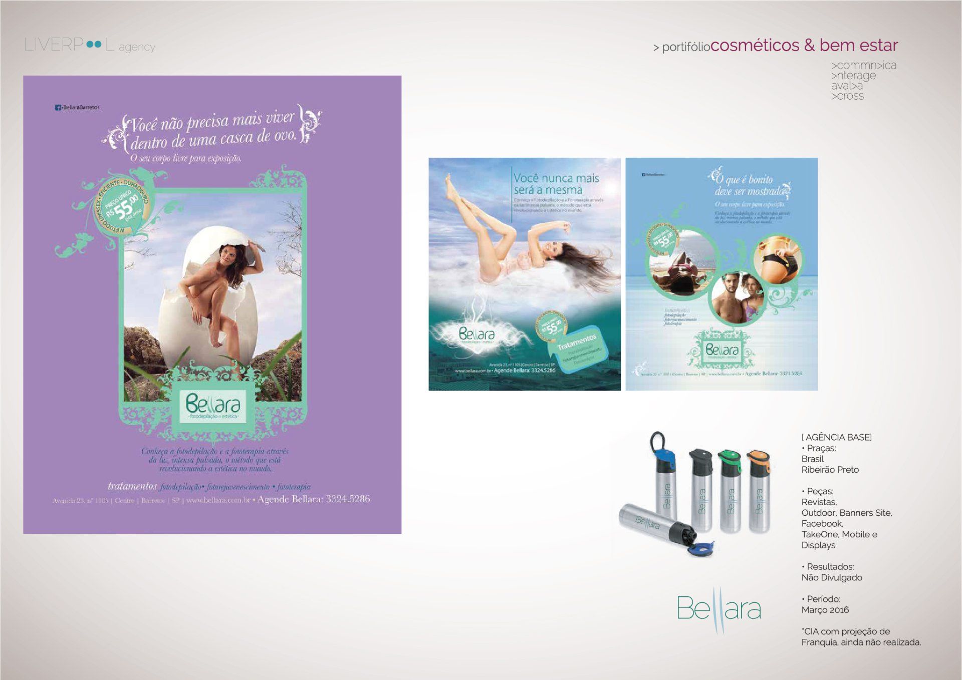 Uma página de catálogo de marketing apresentando os produtos cosméticos Bellara, com imagens de uma mulher dentro de um ovo, produtos para cuidados com a pele e garrafas de água.