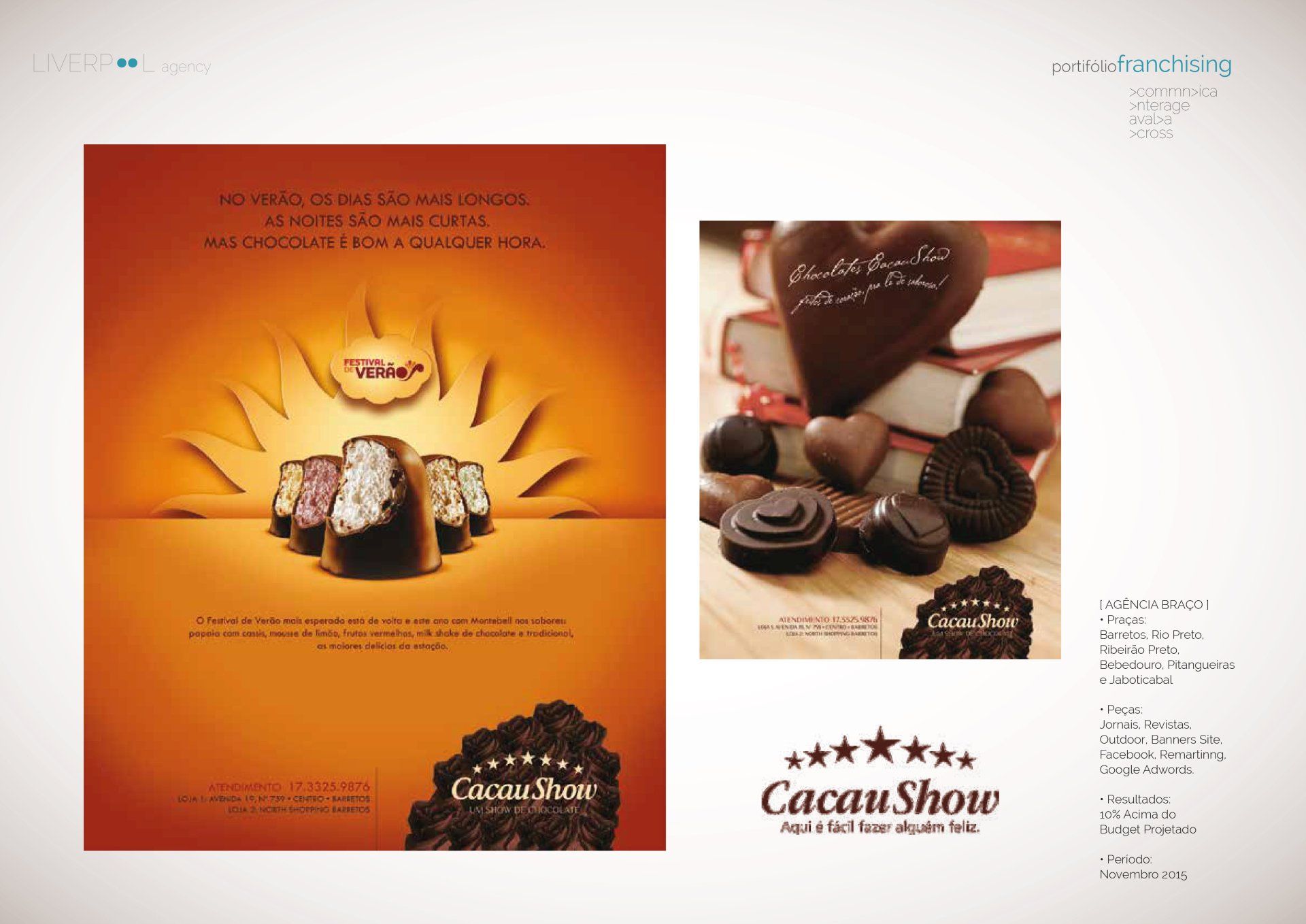 Dois anúncios da marca de chocolates Cacau Show apresentam chocolates sortidos, tons dourados quentes e logotipos da marca sobre um fundo branco.
