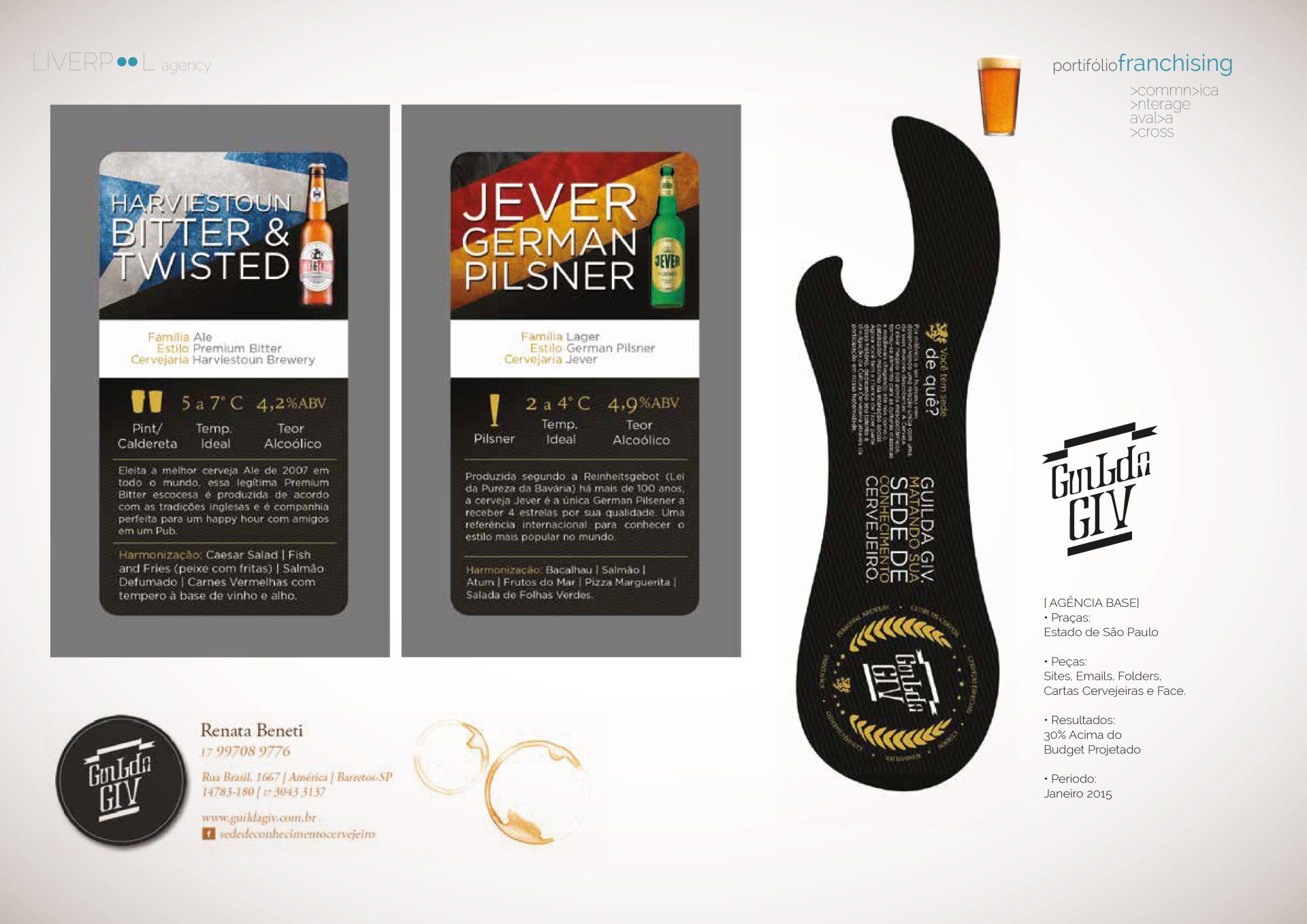 Design de menu e identidade visual de cervejas, apresentando dois rótulos de cerveja, um abridor de garrafas e o logotipo sobre um fundo claro.