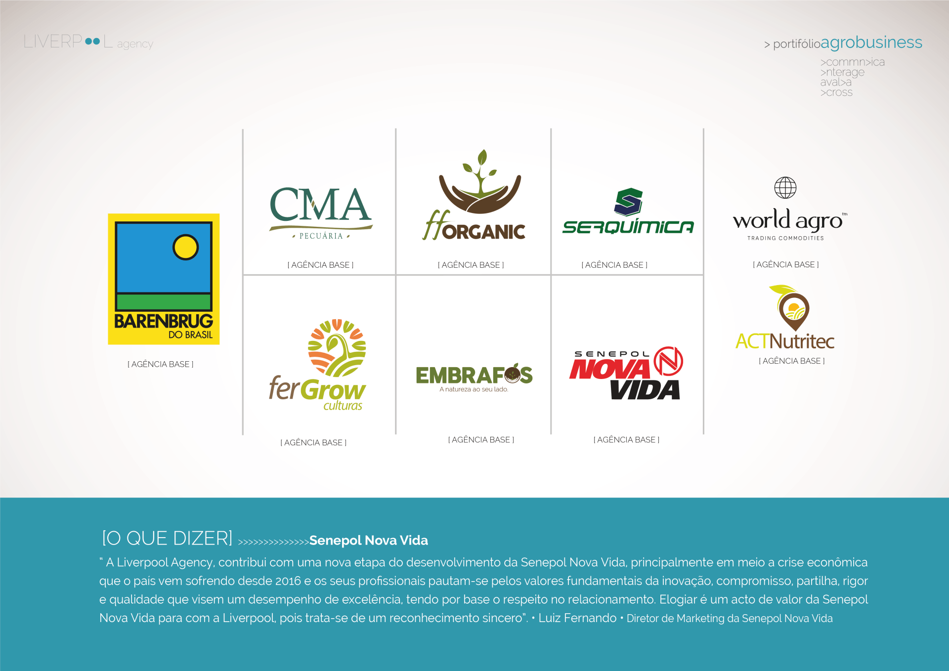 Uma colagem de logotipos de empresas do agronegócio com uma citação de depoimento da Nova Vida na parte inferior sobre um fundo azul.