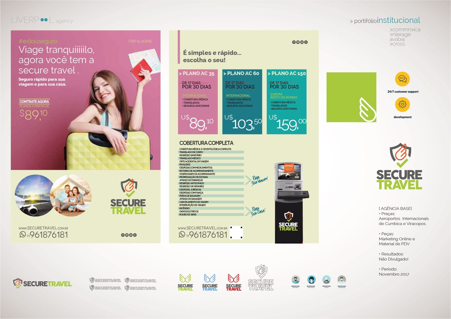 Brochura de marketing da Secure Travel, apresentando planos de preços, lista de serviços e informações de contato.