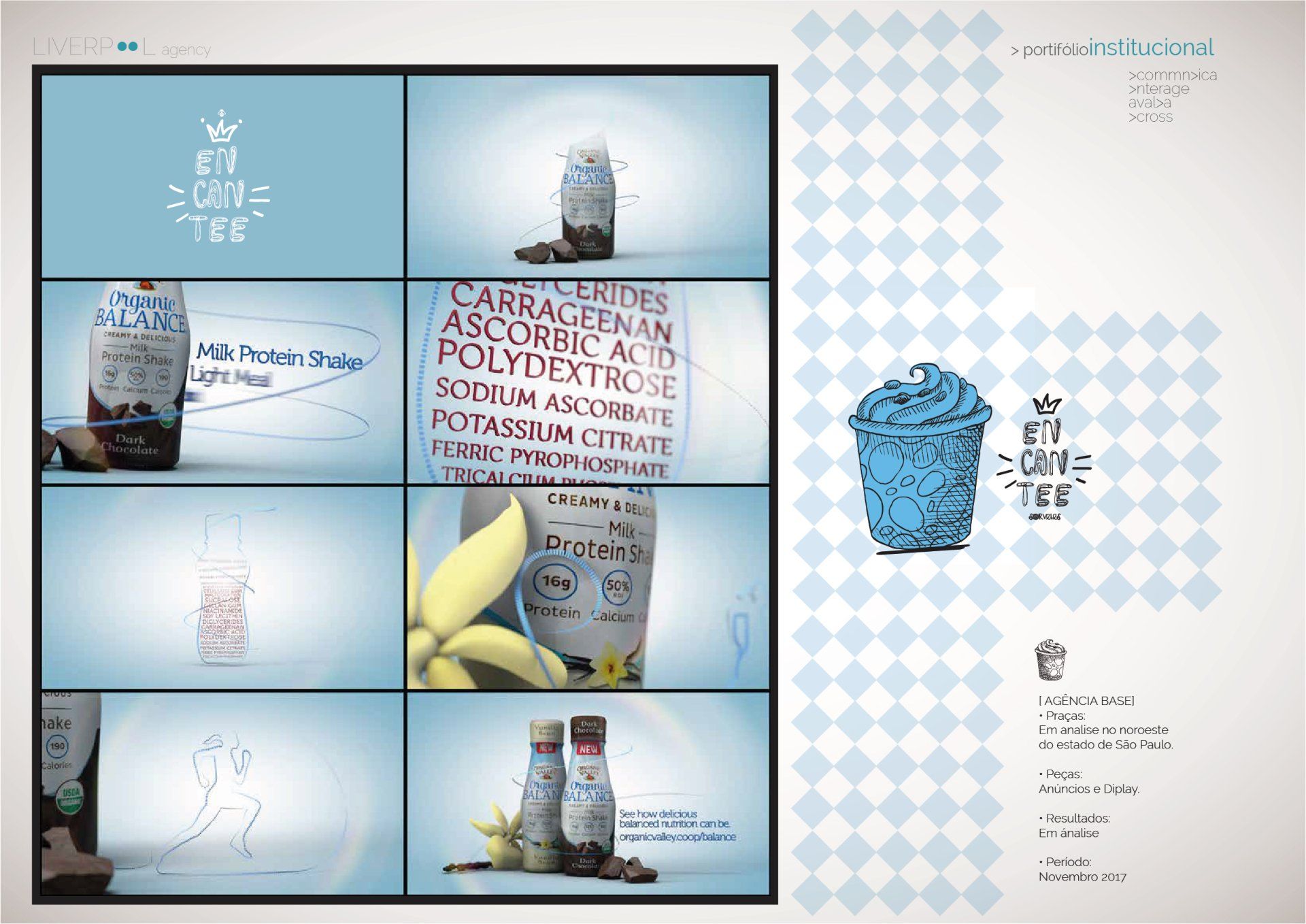 Um storyboard e layout de design gráfico apresentando a embalagem, a marca e os ingredientes do shake de proteína 