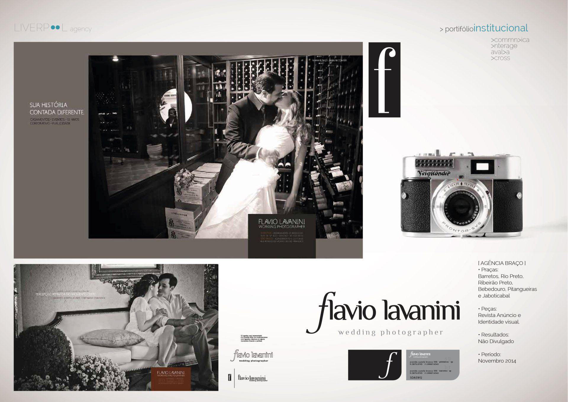 Anúncio de Flavio Lavanini, fotógrafo de casamentos, com fotos em preto e branco de casais e uma câmera antiga.