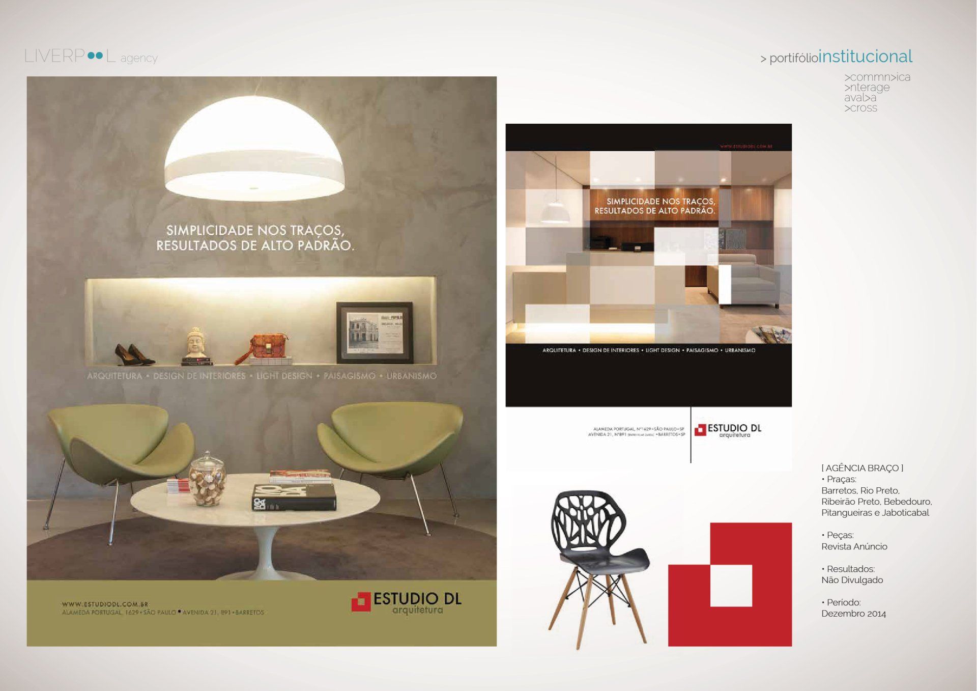 Anúncio do estúdio de design de interiores DL, apresentando mobiliário moderno, uma área de estar e logotipos da marca em um fundo branco.