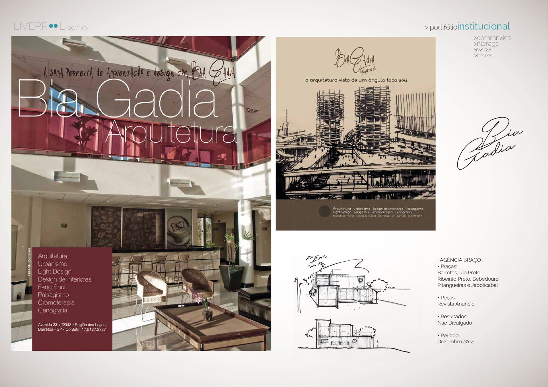 Página promocional da Bis Gadia Arquitetura com fotos de projetos, um esboço, detalhes do escritório e informações de contato.