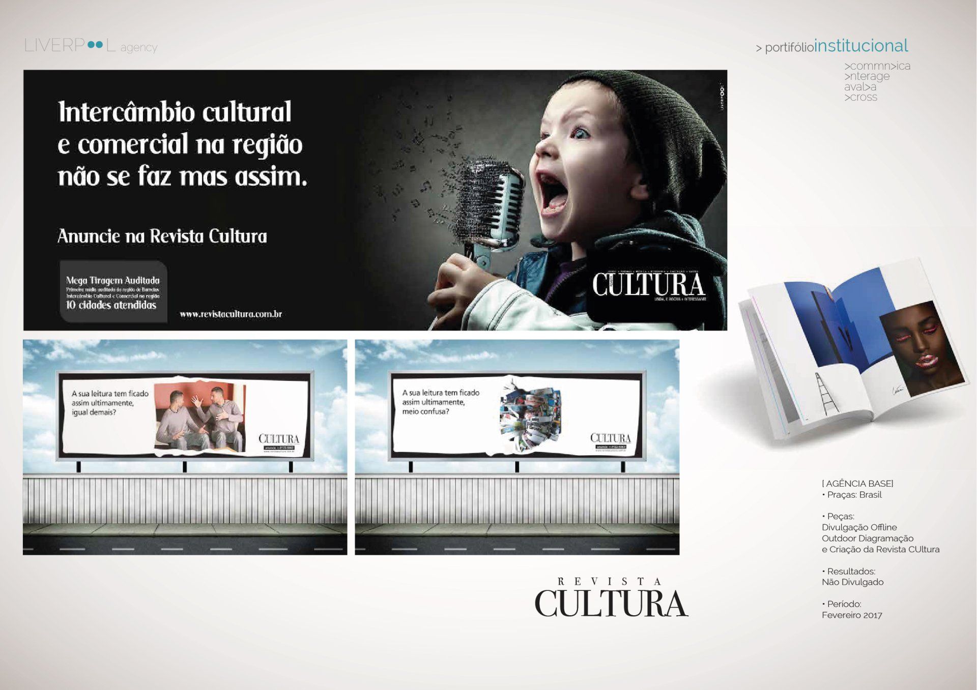 Layout de anúncio para a Revista Cultura mostrando uma criança com um microfone e dois outdoors, promovendo o intercâmbio cultural moderno.