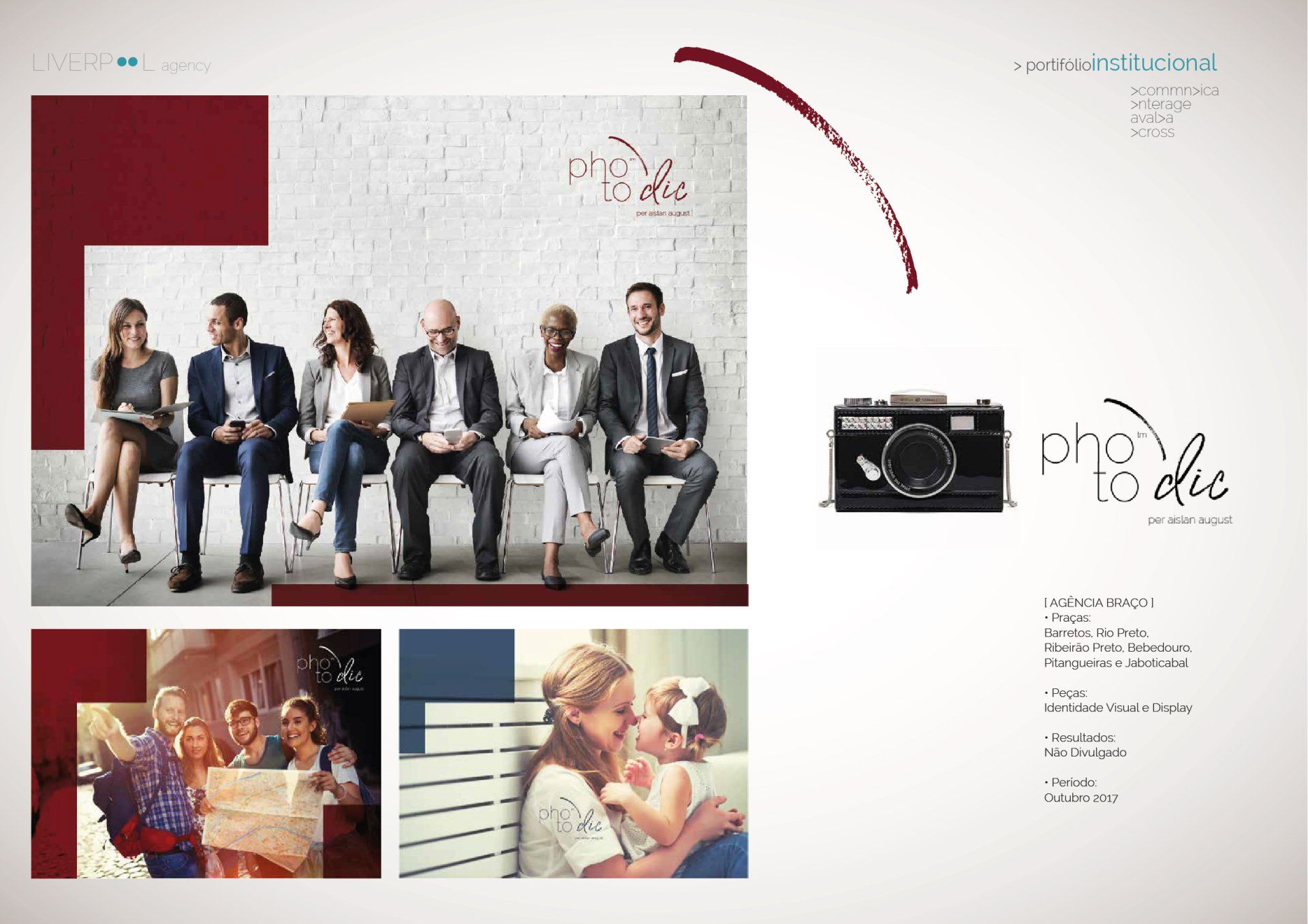 Layout de brochura apresentando uma marca de fotografia profissional, com imagens de pessoas diversas e um ícone de câmera vintage.