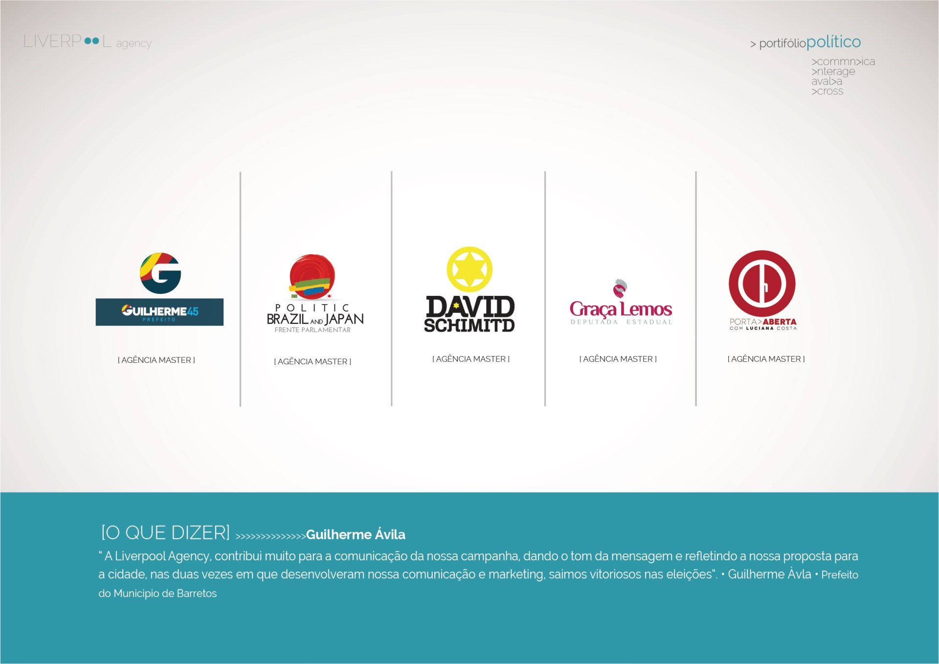 Um cabeçalho de página web mostrando cinco logotipos corporativos acima de um rodapé azul com uma citação sobre marketing e comunicação.