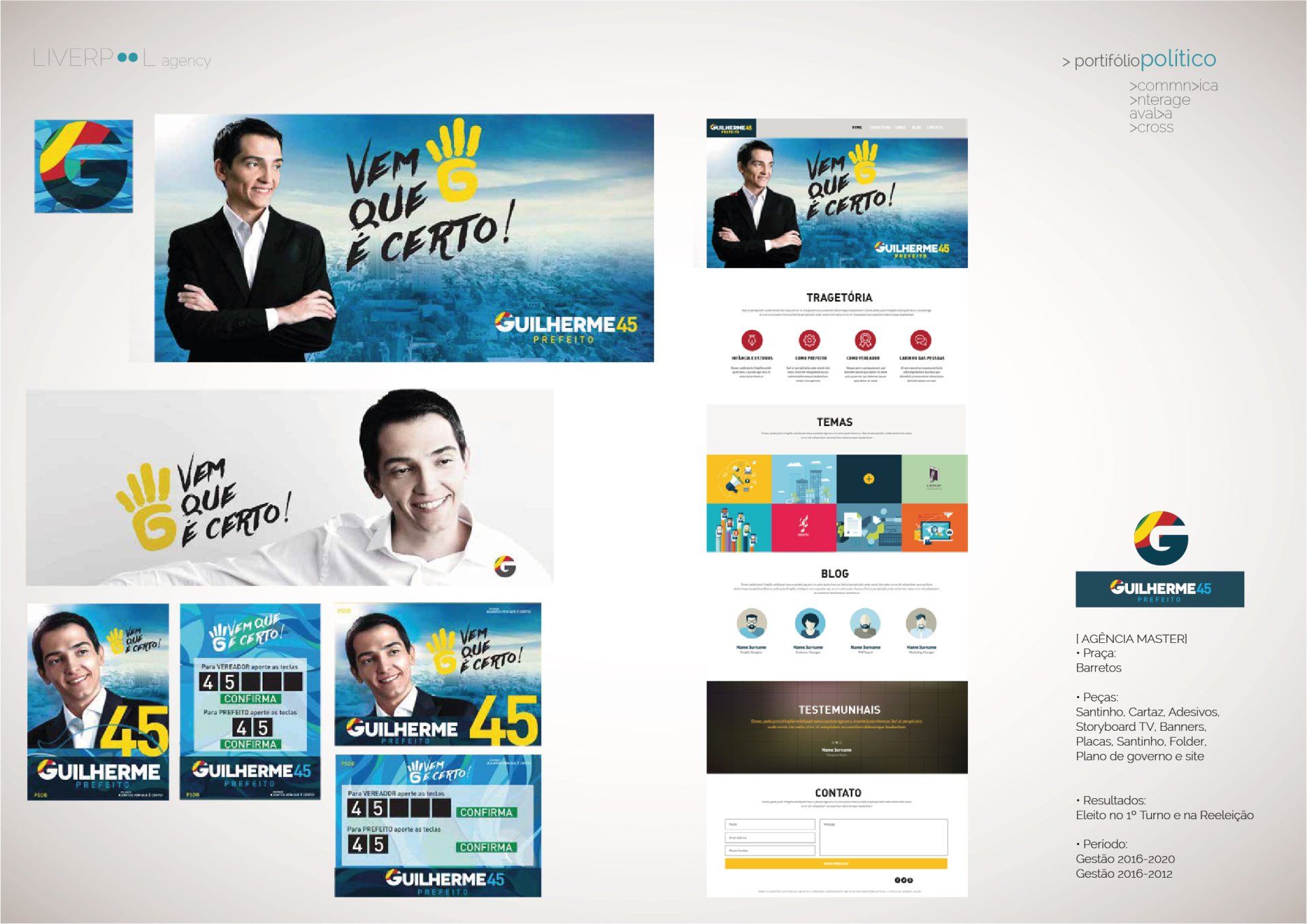 Um painel de apresentação de design gráfico que exibe a identidade visual de uma campanha política com pôsteres, layouts de sites e logotipos.