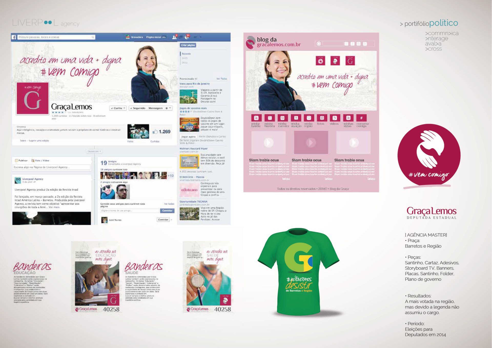 Apresentação de identidade visual para a Dra. Graça Lemos, incluindo website, página no Facebook, ícones para redes sociais e camiseta personalizada.
