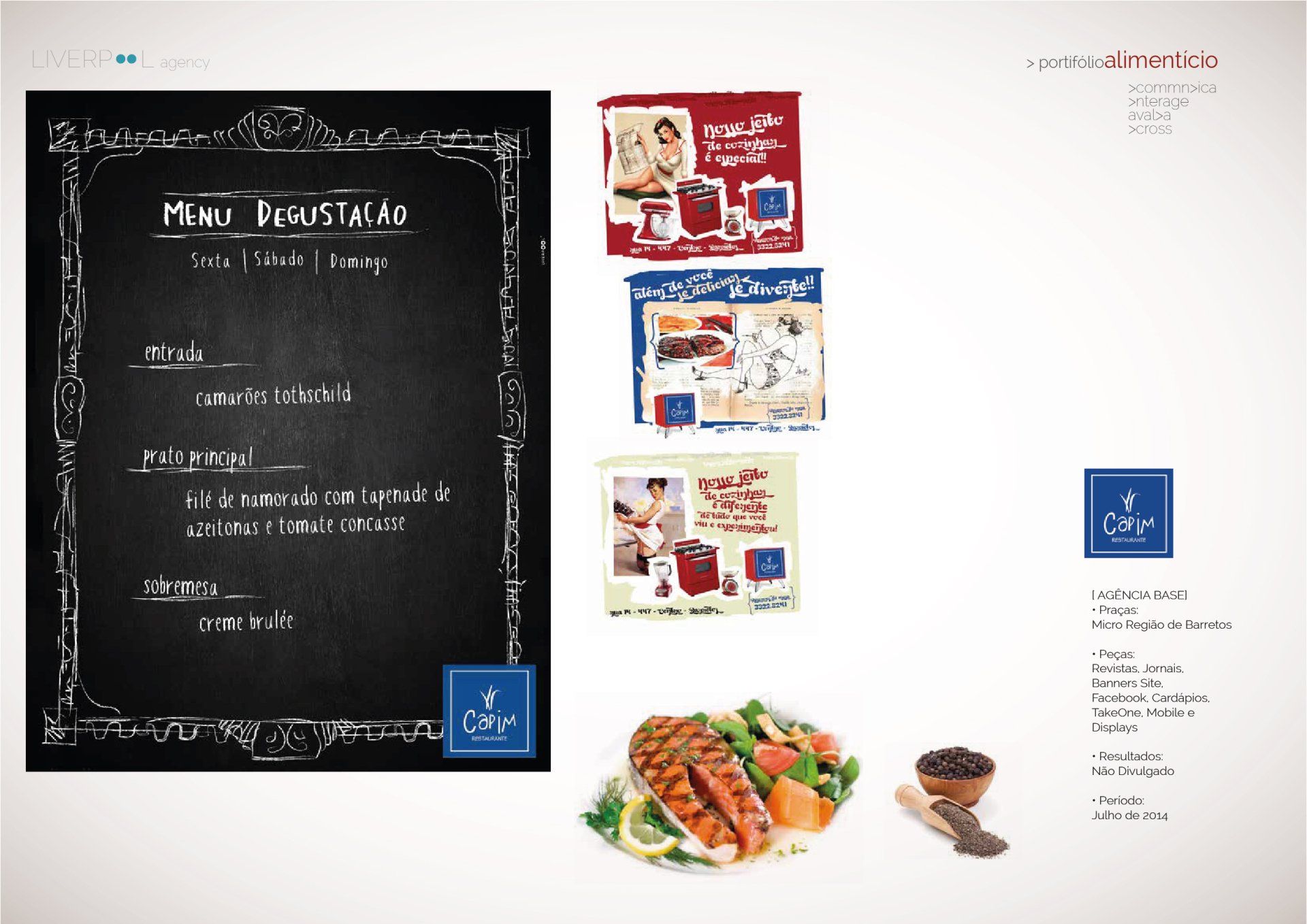 Menu degustação de um restaurante escrito em um quadro-negro, com fotos dos pratos, informações de contato e elementos da marca sobre um fundo branco.