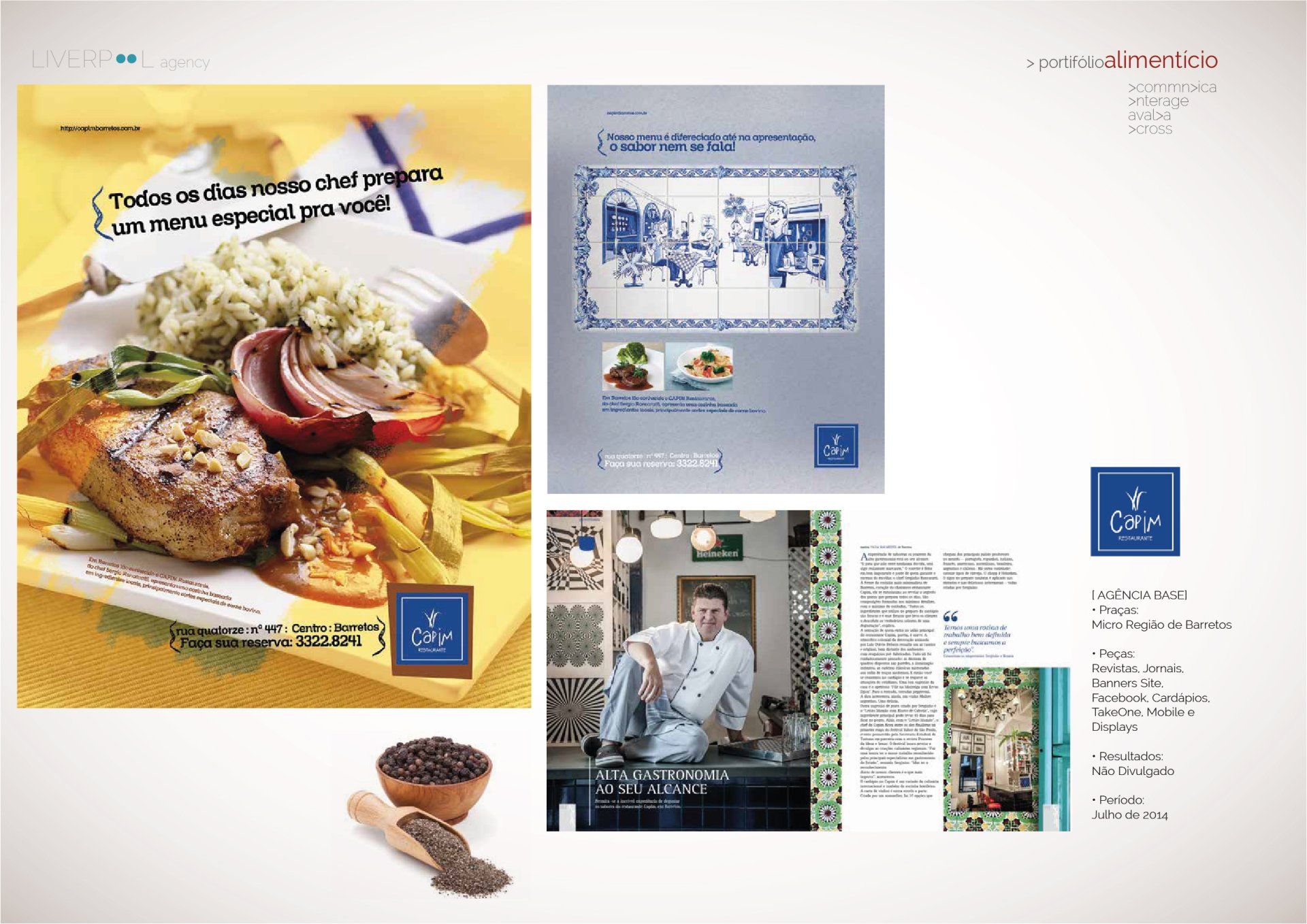 Uma reportagem de revista para um restaurante apresentando pratos de peixe, um chef na cozinha, decoração com azulejos e informações de contato.