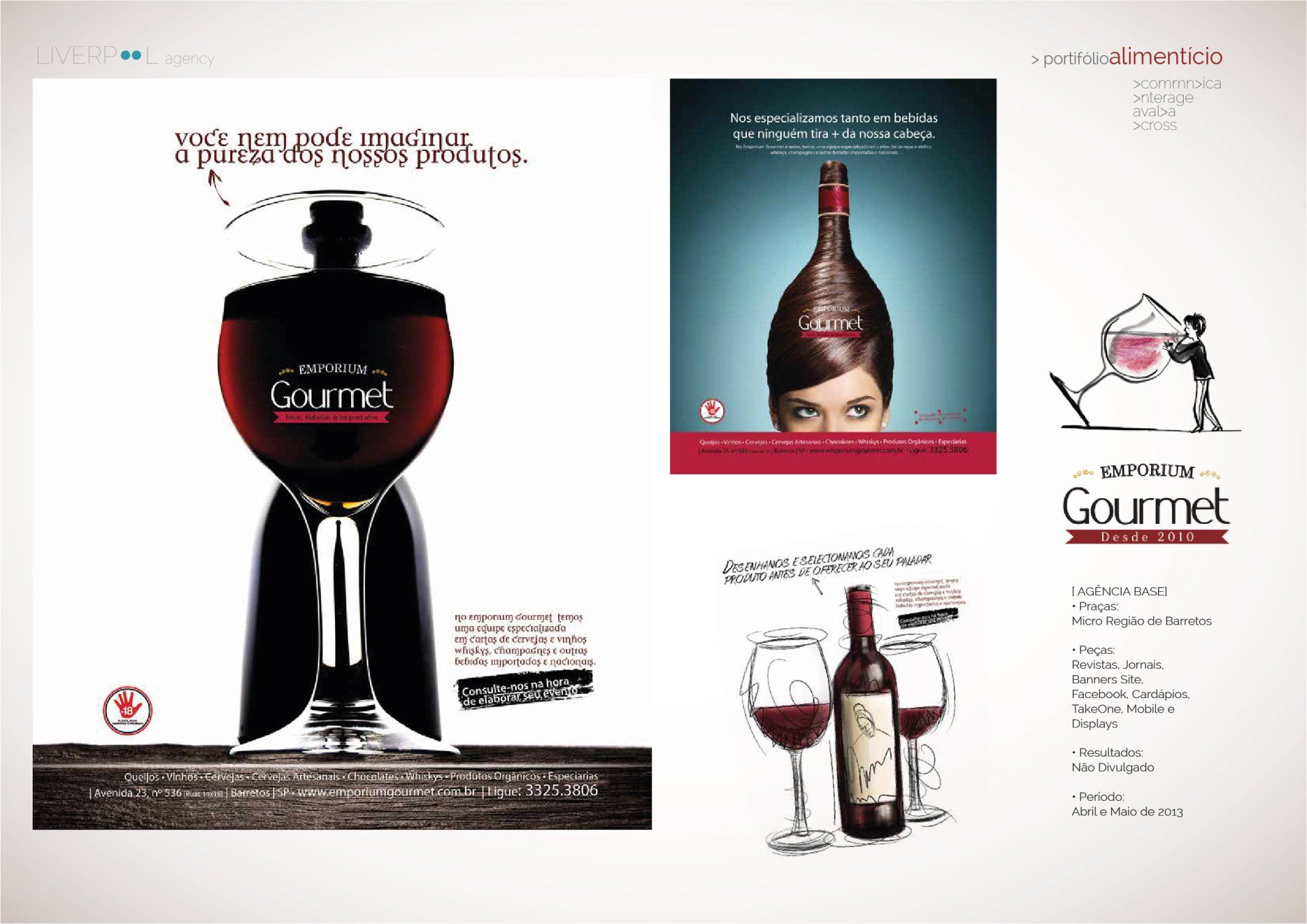 Imagens publicitárias para vinhos gourmet, apresentando visuais criativos de garrafas e taças de vinho, com texto promocional.