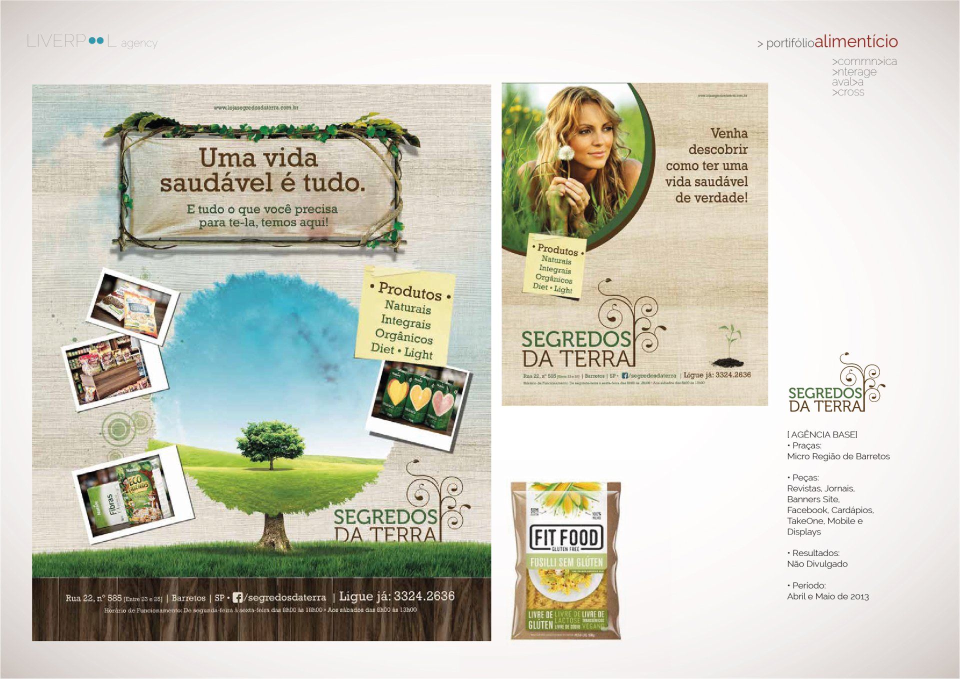Anúncio da Segredos da Terra com tema saudável e natural, incluindo imagens do produto e identidade visual da marca.