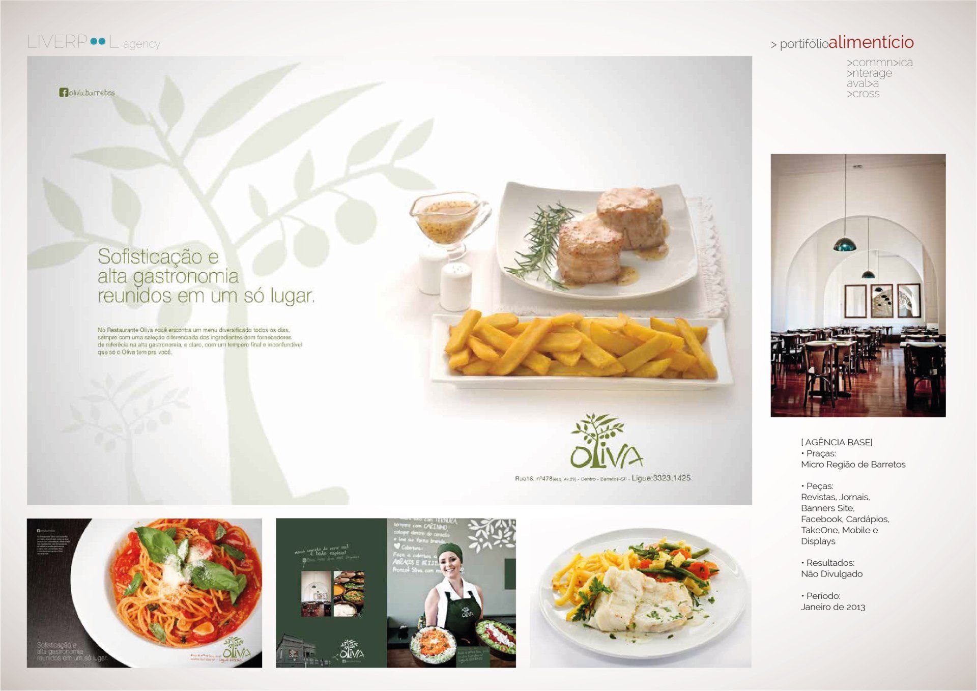 Anúncio do restaurante Oliva, com fotos de pratos gourmet, do interior do restaurante e da equipe, além de um logotipo de azeitona.