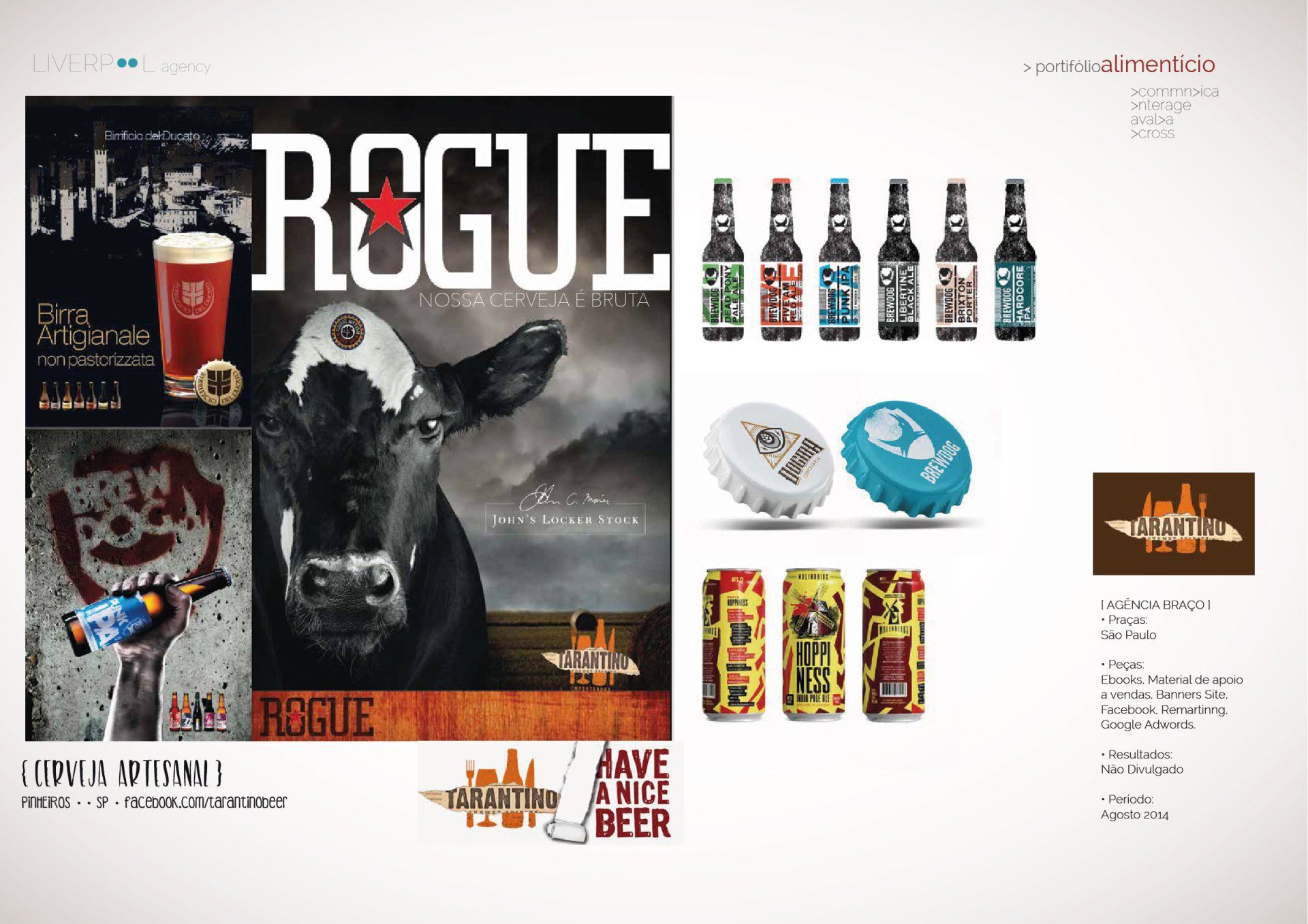 Colagem promocional para a Rogue Ales apresentando garrafas de cerveja, latas e uma imagem de uma vaca com o texto da marca.