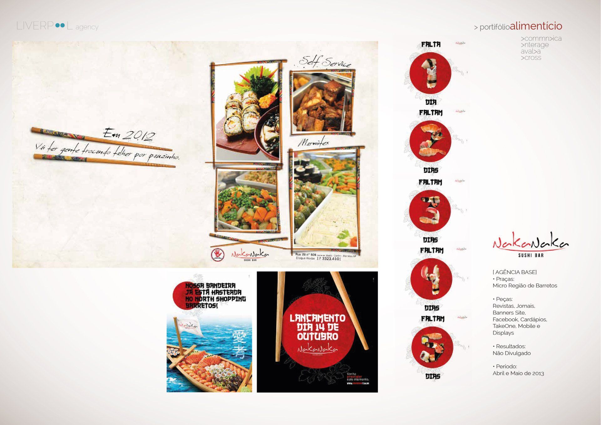 Cardápio promocional do restaurante com fotos da culinária japonesa, programação diária numerada e informações de contato.