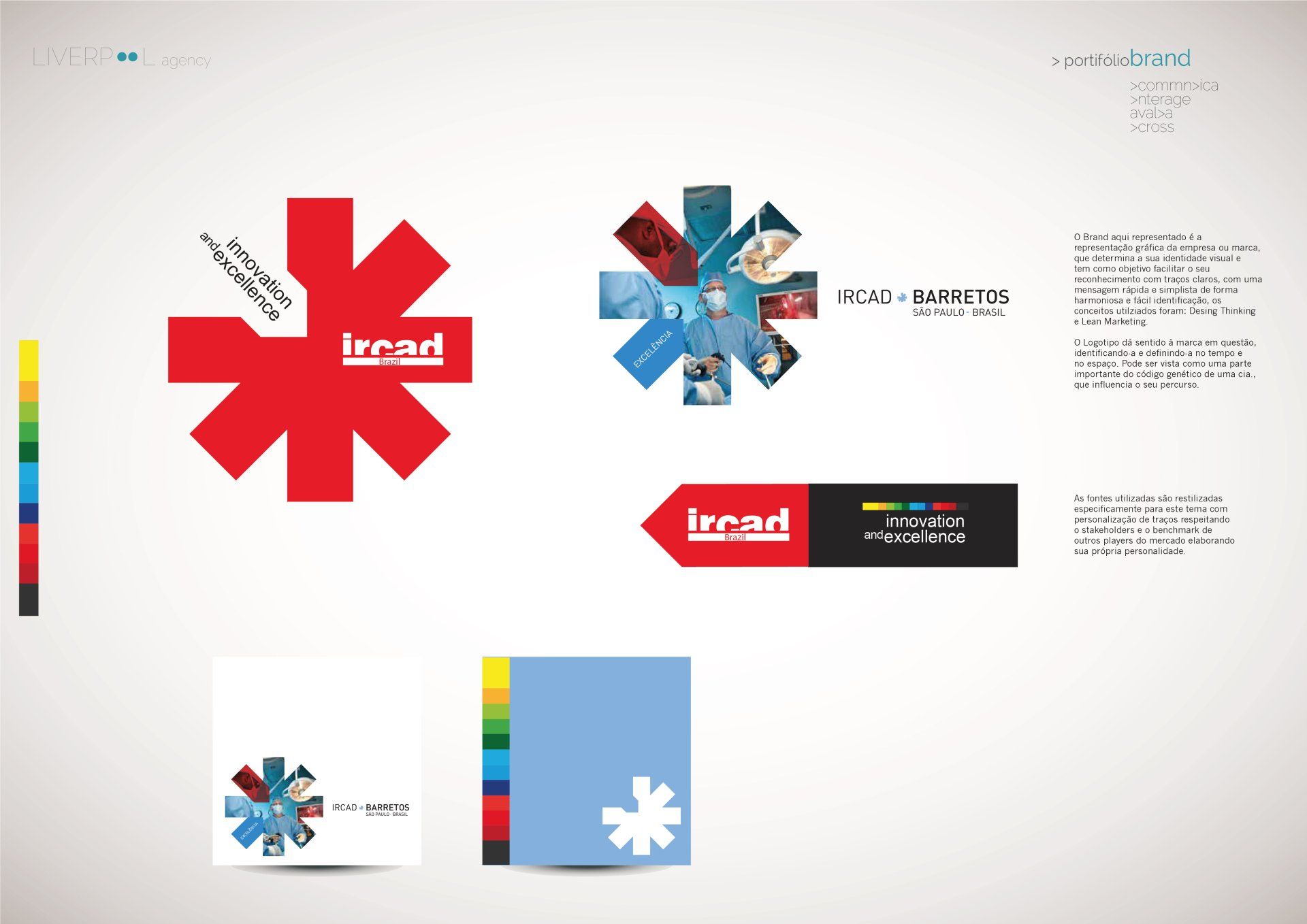 Folha conceitual para o design do logotipo da IRCAD, apresentando um ícone de estrela vermelha, colagens de fotos e cores da marca sobre um fundo claro.