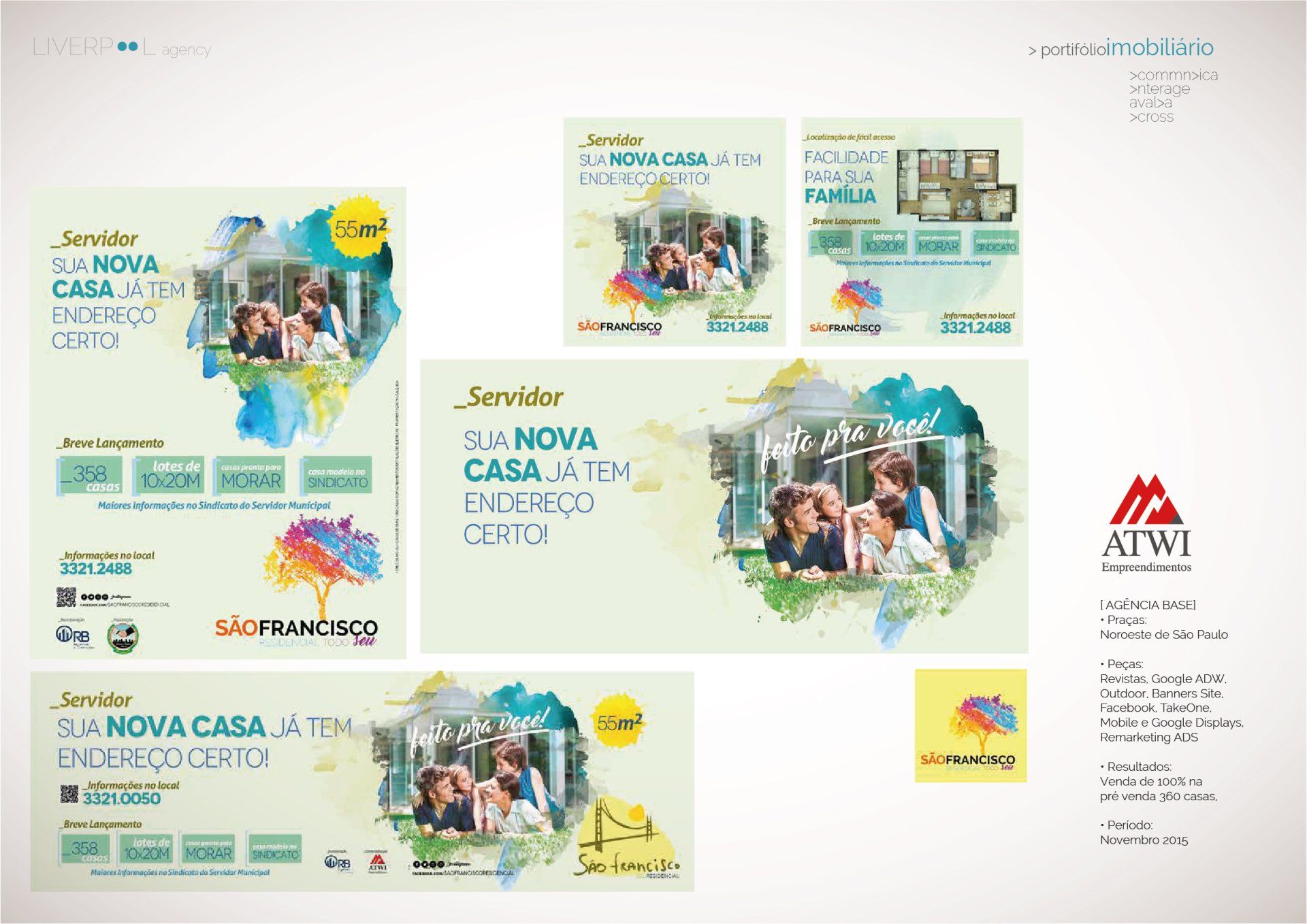 Folheto publicitário imobiliário para São Francisco apresentando diversos layouts, fotos de família e o logotipo da marca ATWI.