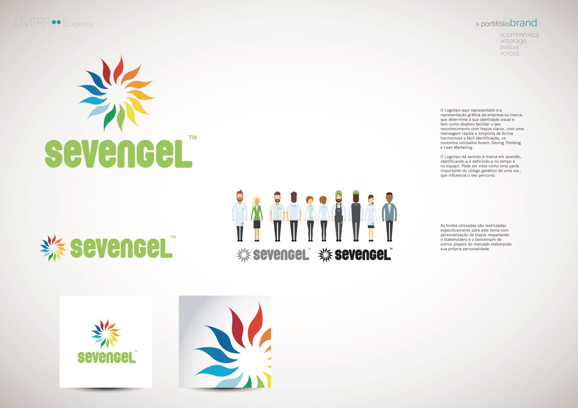 Folha de identidade visual da Sevengel, apresentando um logotipo colorido em forma de estrela, tipografia estilizada e uma série de figuras ilustradas.