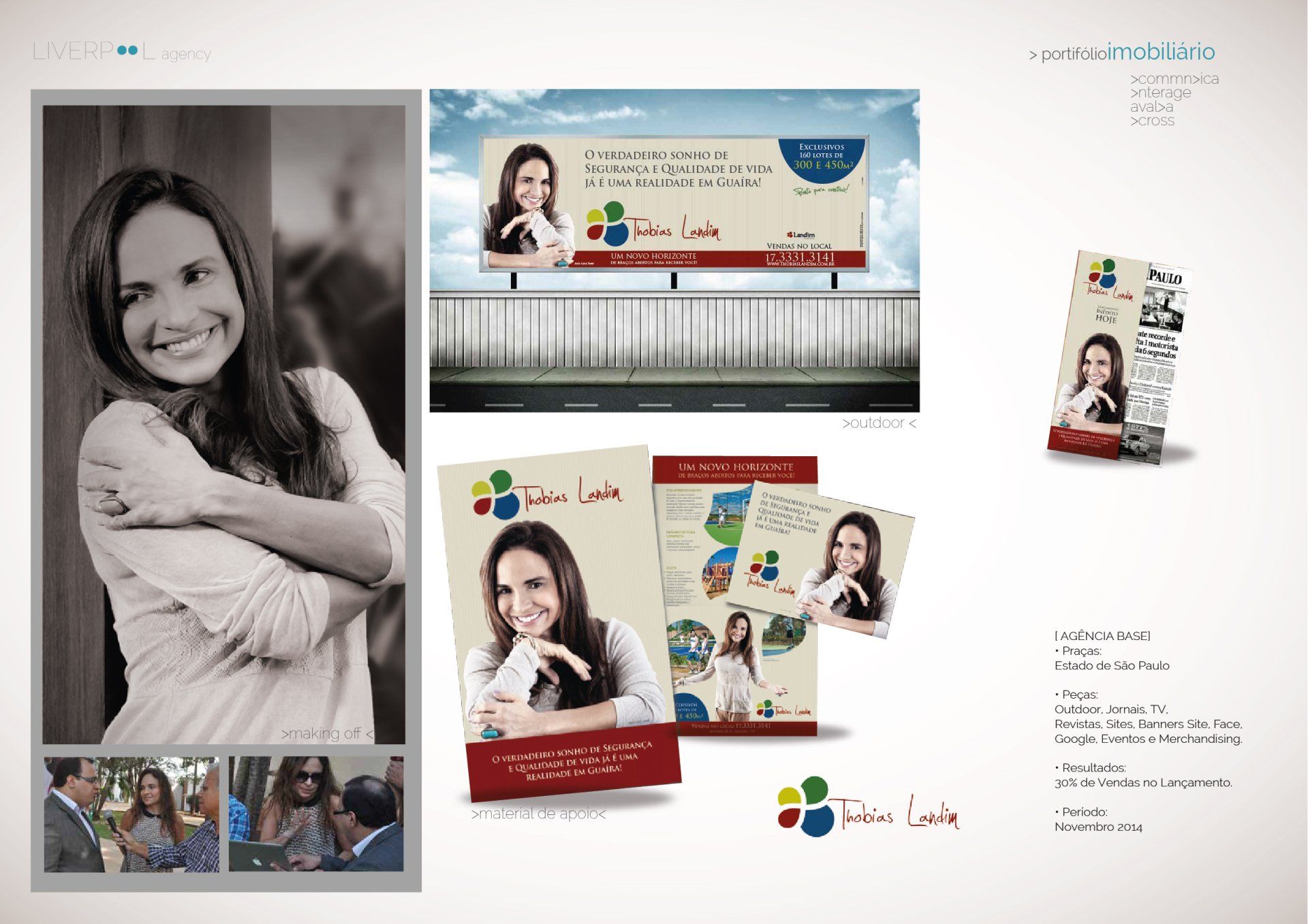 Colagem de materiais de marketing com uma mulher como protagonista, incluindo um outdoor, folhetos e cartões com um logotipo colorido.