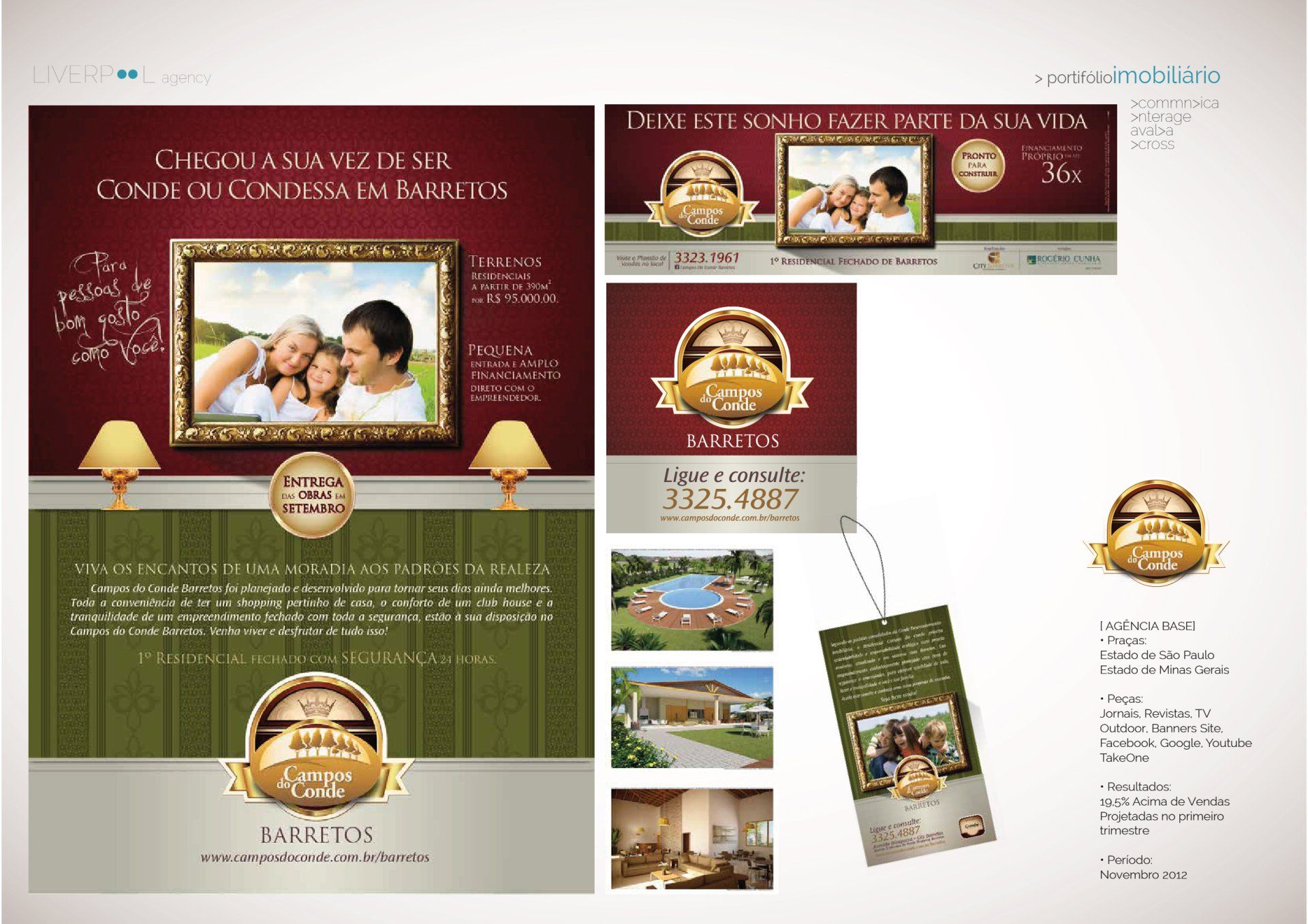 Uma colagem promocional para a Condessa de Barretos, apresentando um logotipo, fotografias de uma família e propriedade, e informações de contato.