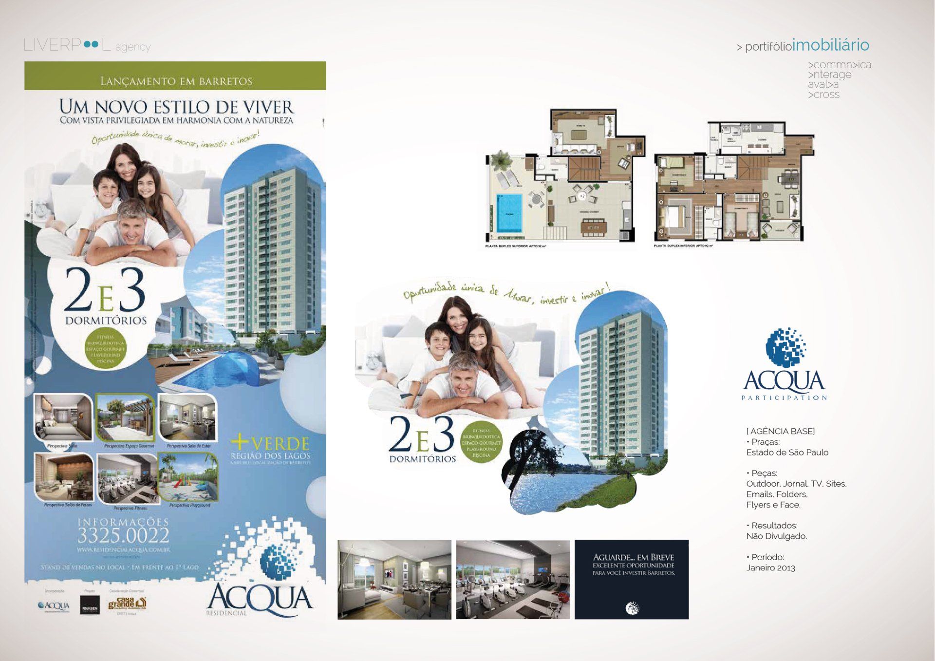 Anúncio imobiliário do Acqua Park Resort mostrando imagens do edifício, plantas baixas e comodidades, com informações de contato.