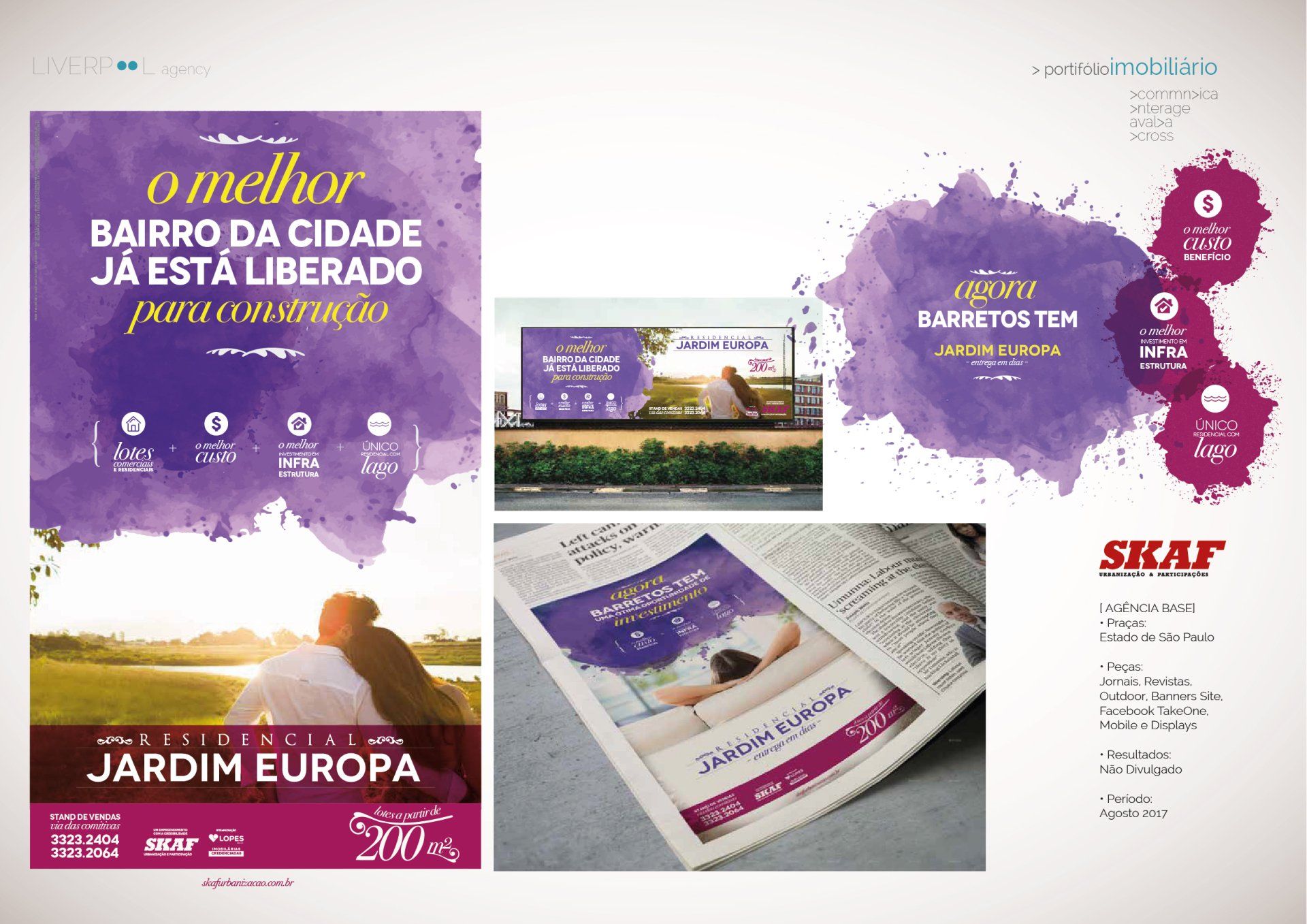 Material publicitário para o bairro residencial Jardim Europa em Barretos, com desenhos em aquarela roxa.