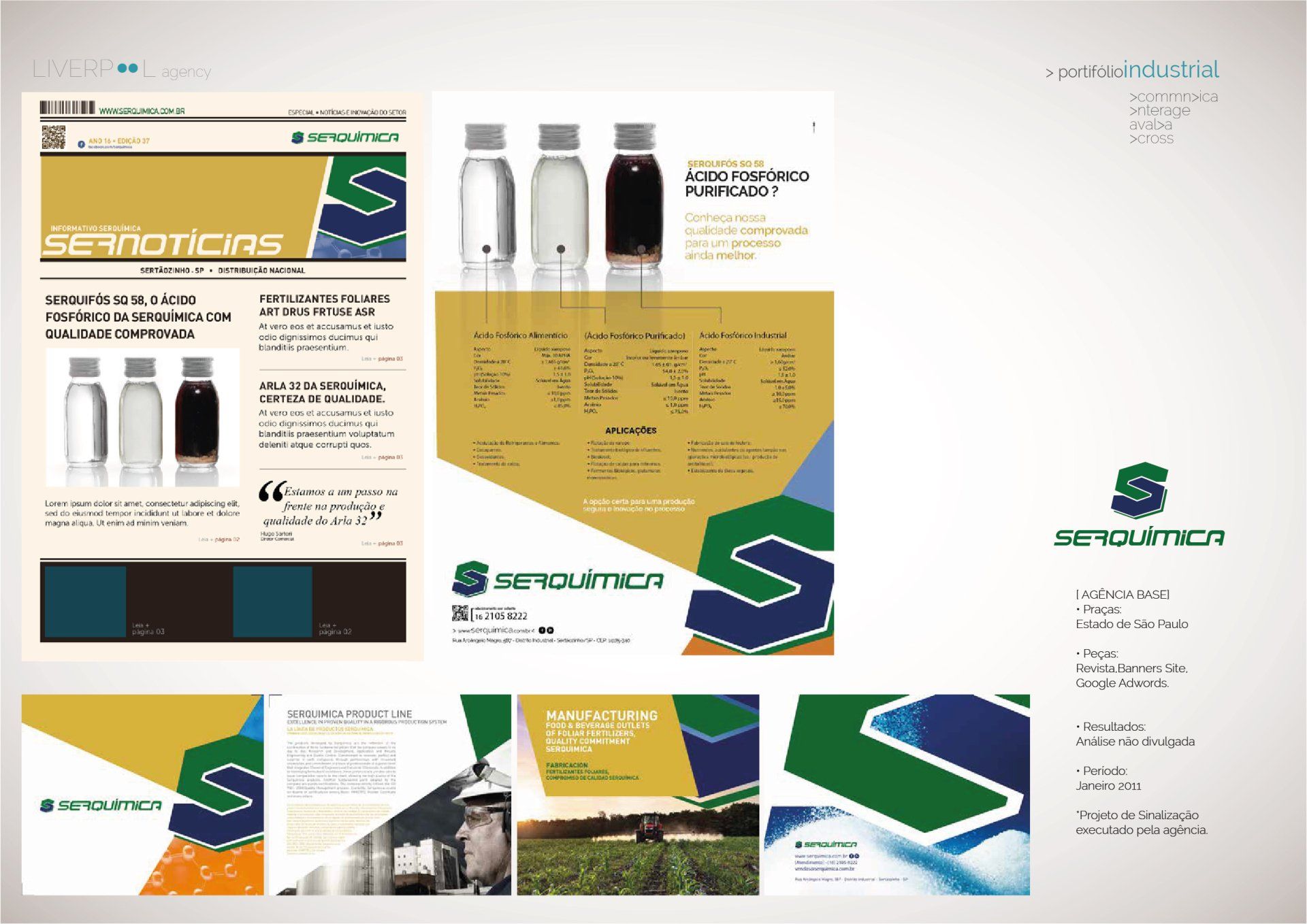 Projeto de brochura para a Serquímica apresentando produtos químicos, a identidade visual da empresa e imagens do setor agrícola.