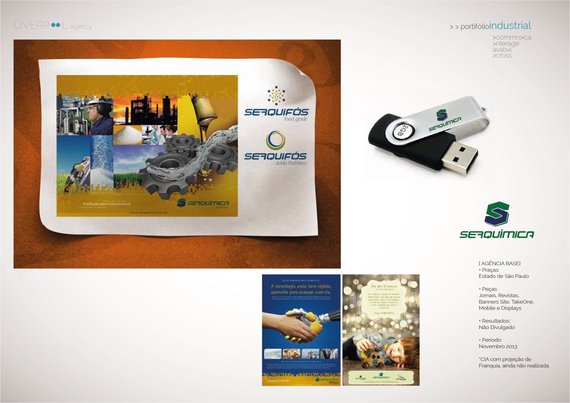 Uma colagem mostrando materiais de marca da Serquímica, incluindo um pôster, um pen drive personalizado e folhetos promocionais.