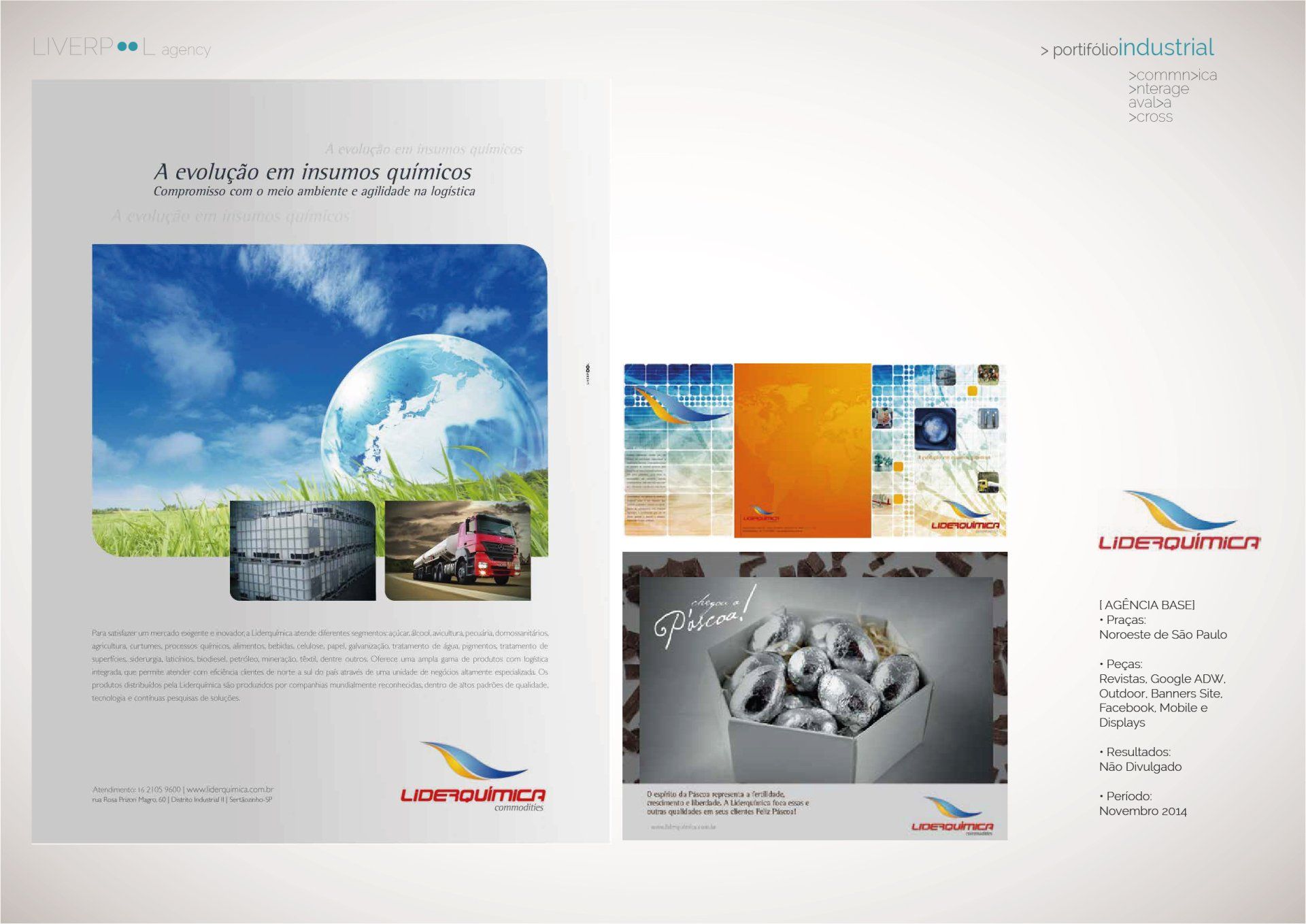 Layout promocional para a Liderquímica, apresentando imagens de um globo terrestre, elementos de transporte, produtos químicos e informações de contato da empresa.