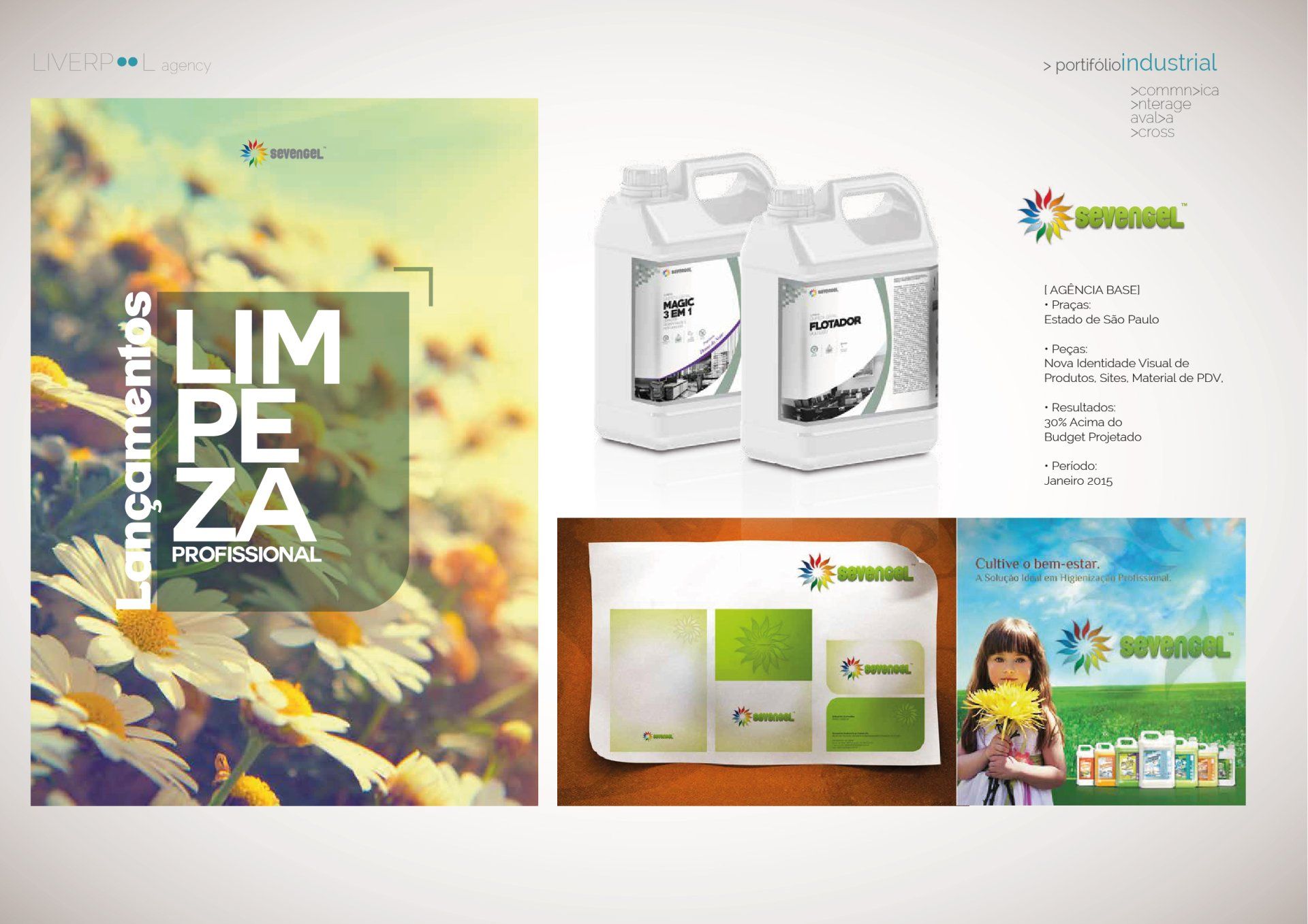 Brochura de marketing para produtos de limpeza Decool, apresentando imagens florais, frascos dos produtos e a marca em papelaria.