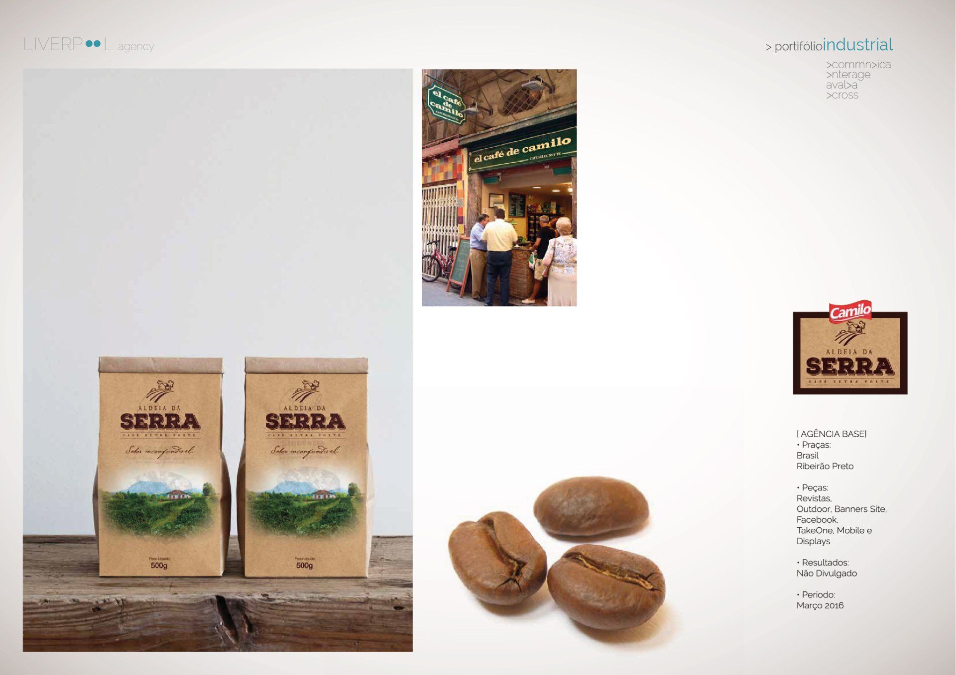 Identidade visual da Cafe Serra com sacos de café sobre uma superfície de madeira, grãos de café e uma imagem da fachada da loja.
