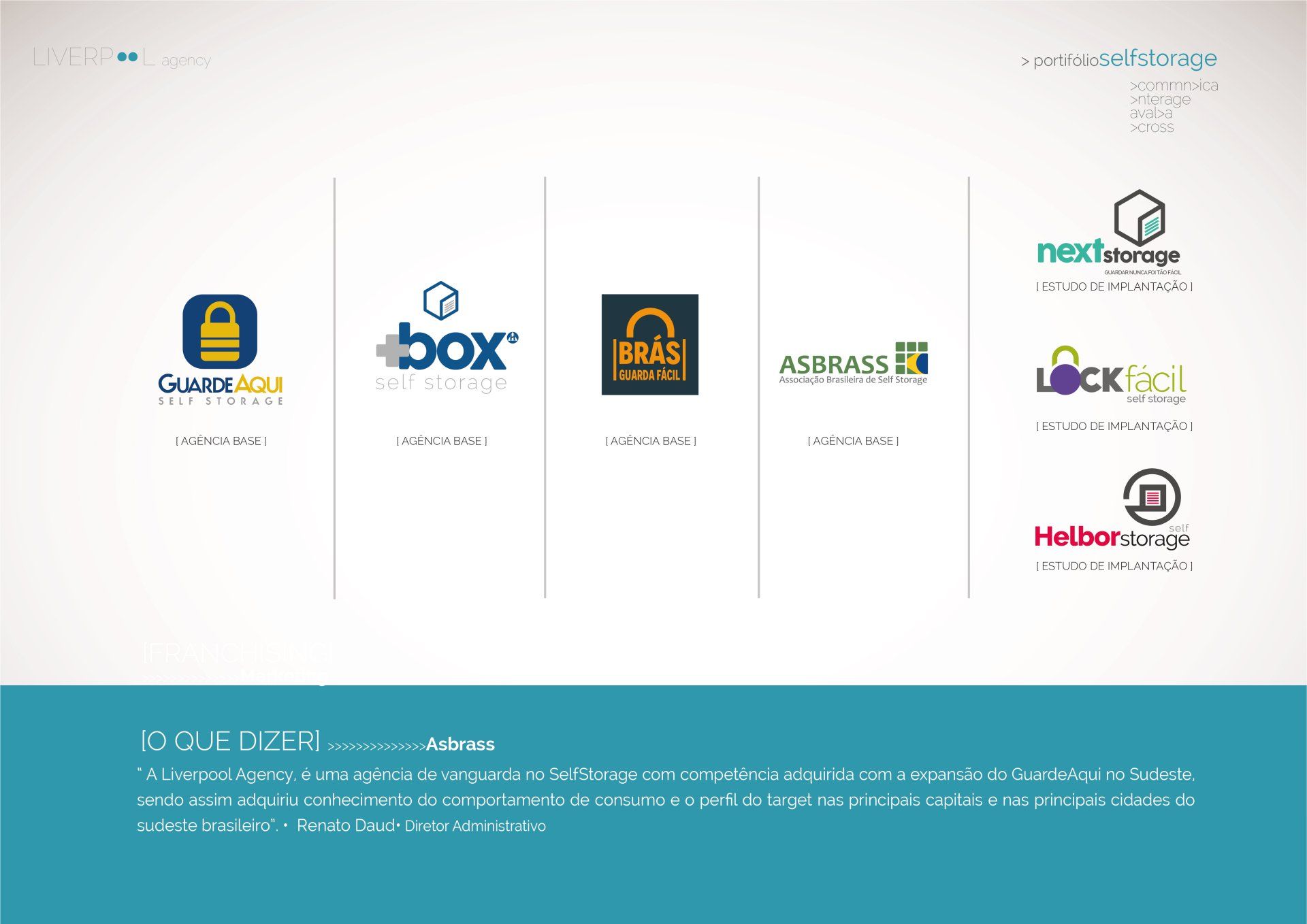 Infográfico com logotipos de empresas de self-storage e um quadro de texto descrevendo sua liderança de mercado e foco de negócios.