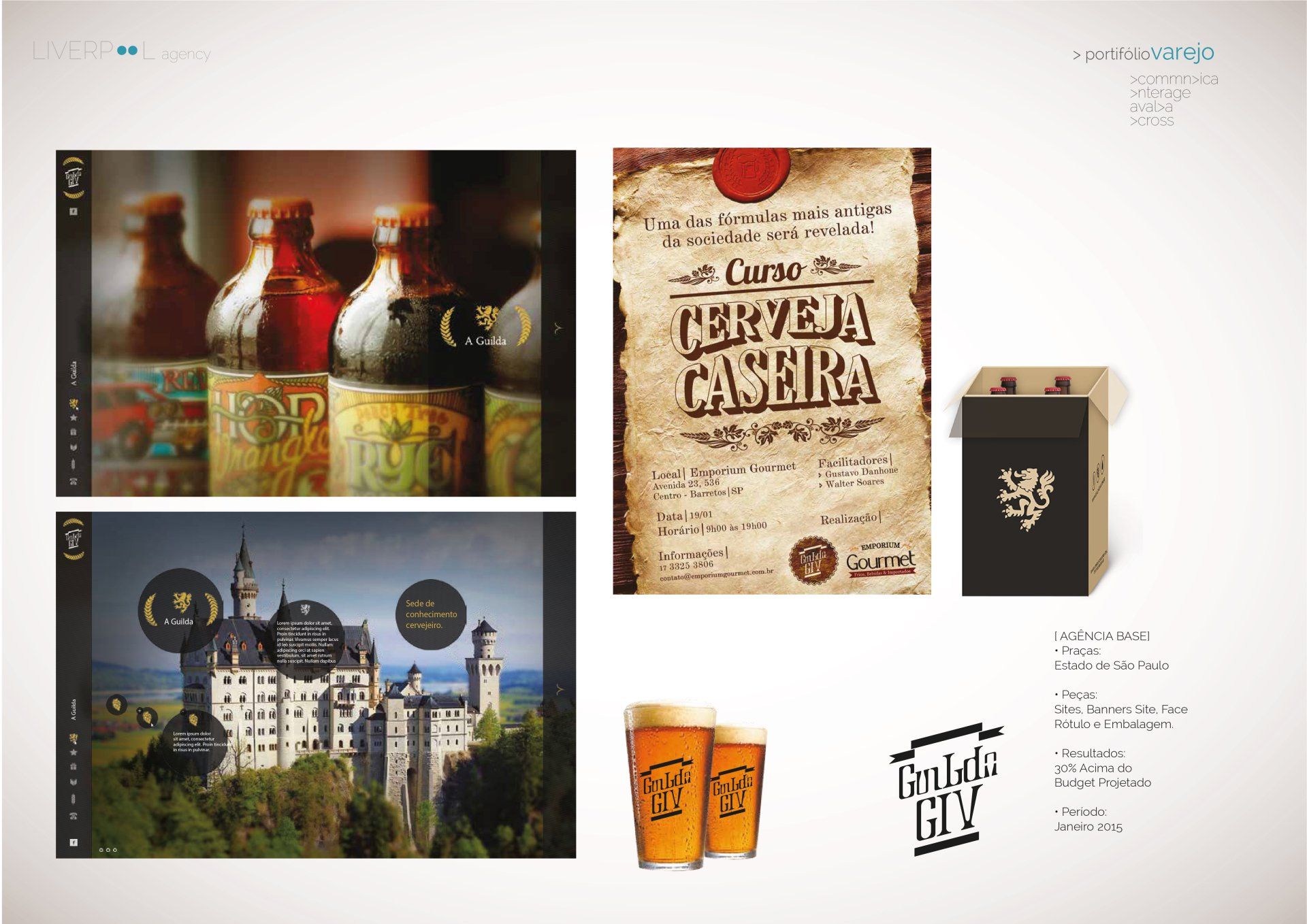 Uma colagem que destaca a identidade visual de cervejarias com garrafas, um folheto de um curso de cerveja artesanal, uma ilustração de um castelo, copos e um logotipo.