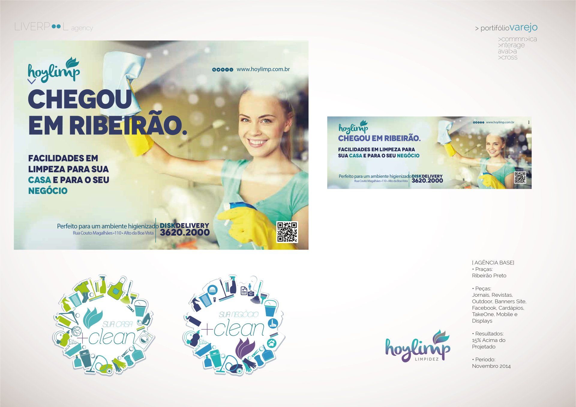 Layout promocional para a Hoylimp, apresentando anúncios de serviços de limpeza, variações do logotipo e informações de contato para Ribeirão.