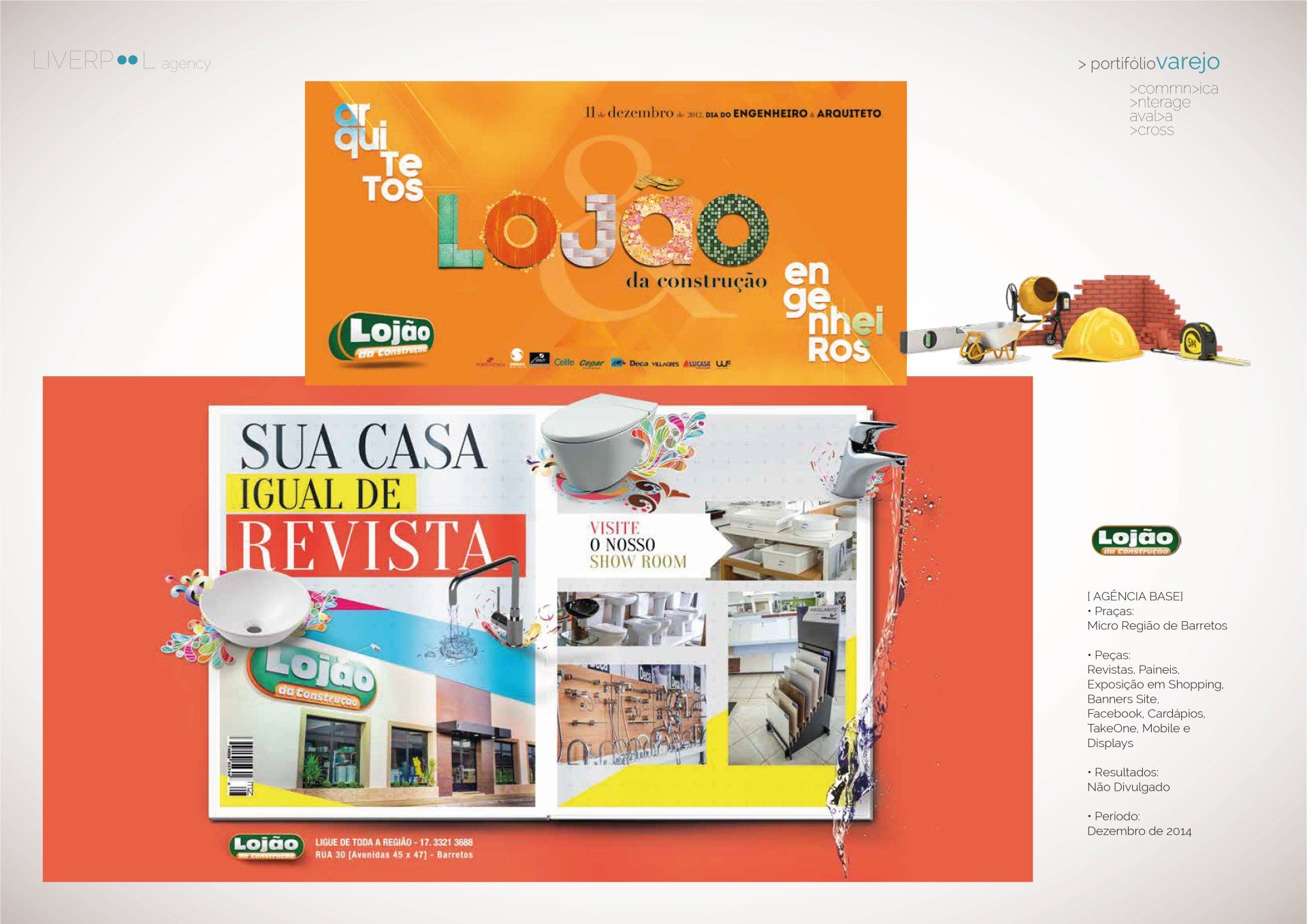 A promotional flyer for Lojão da Construção featuring construction icons, a magazine mockup, and a list of store services.