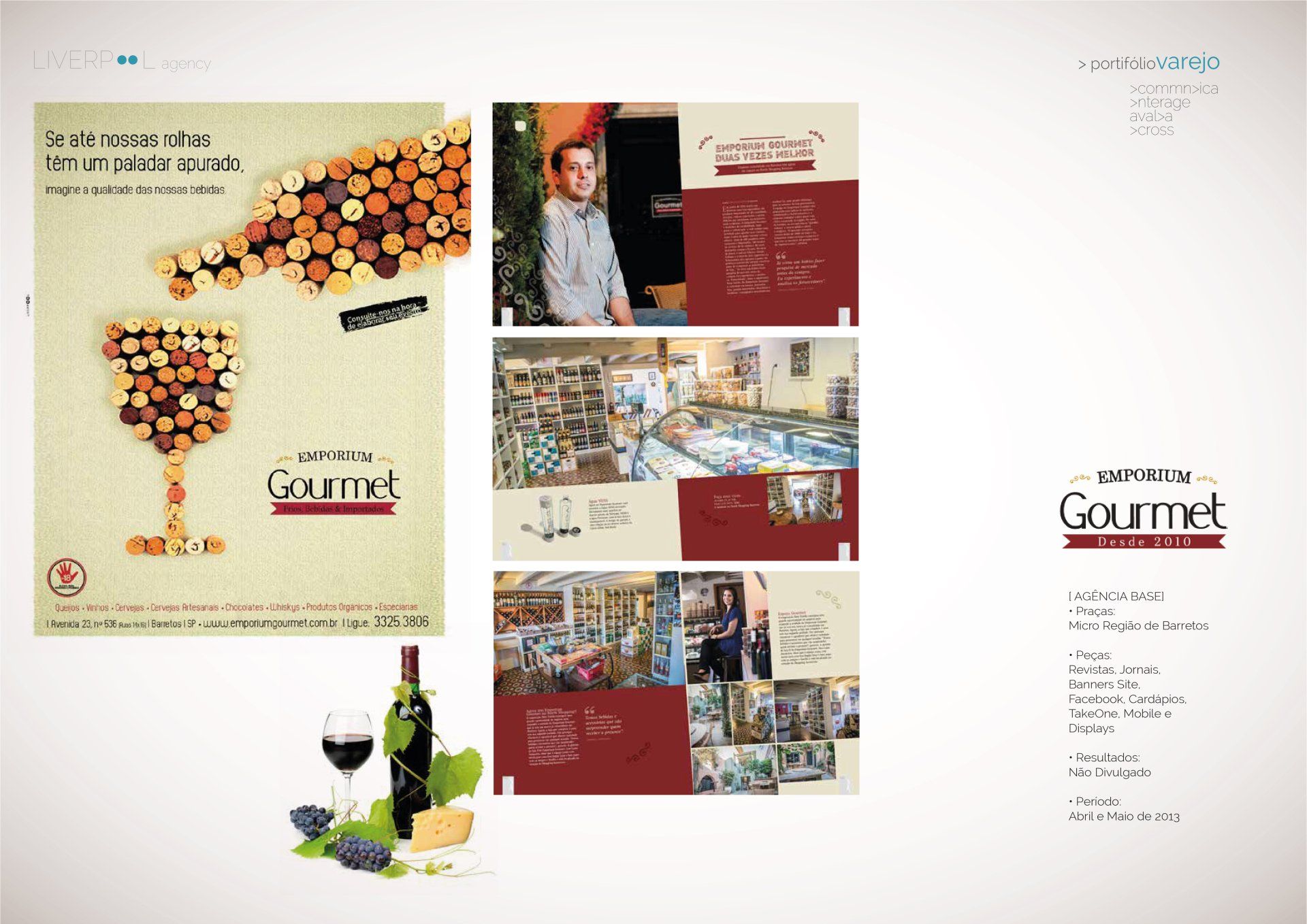 Folheto promocional da Empório Gourmet, apresentando arte com rolhas de vinho, imagens da loja e informações de contato.