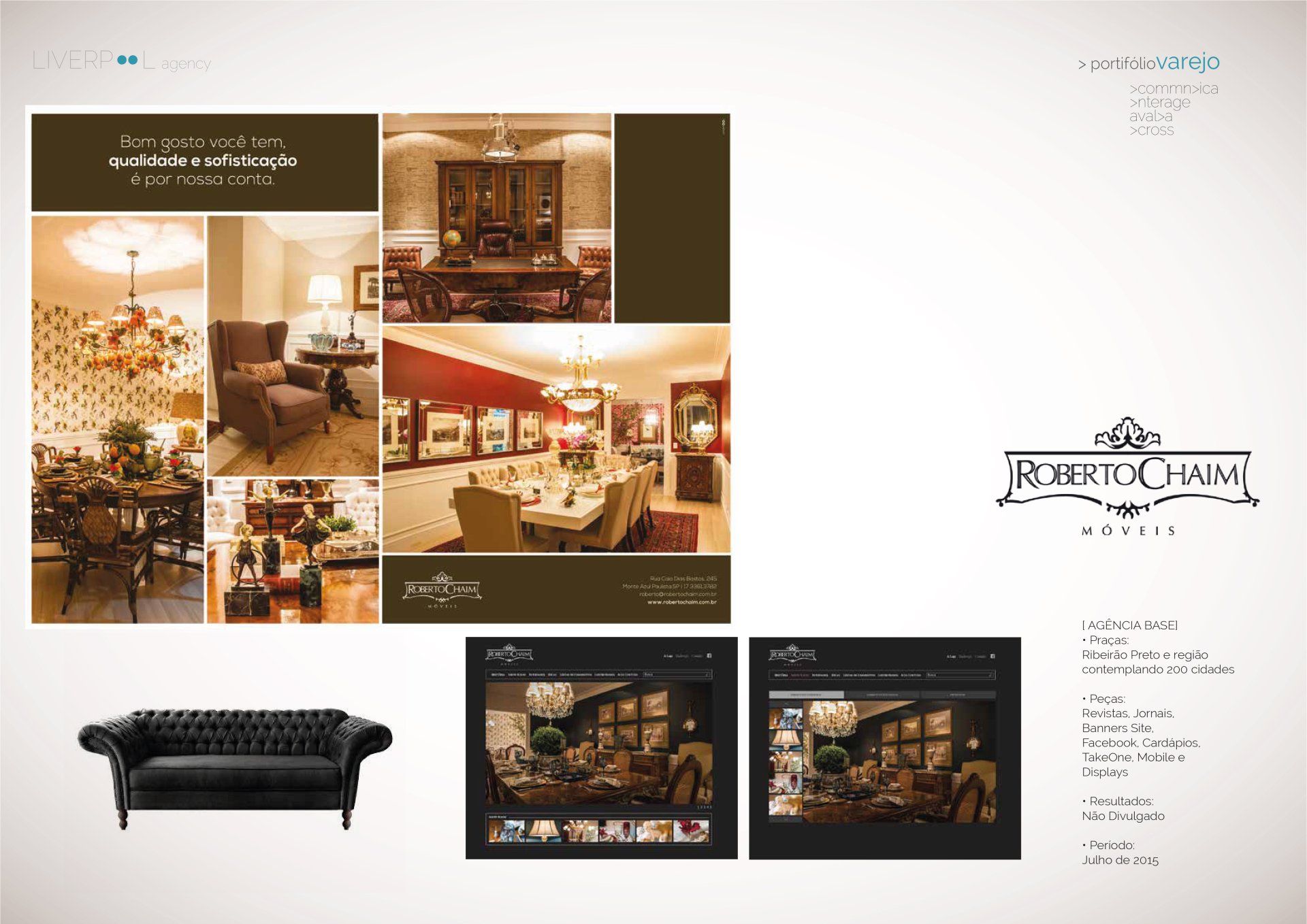 Um catálogo de produtos apresentando móveis elegantes para interiores em tons escuros, um sofá preto capitonê e o logotipo da marca.