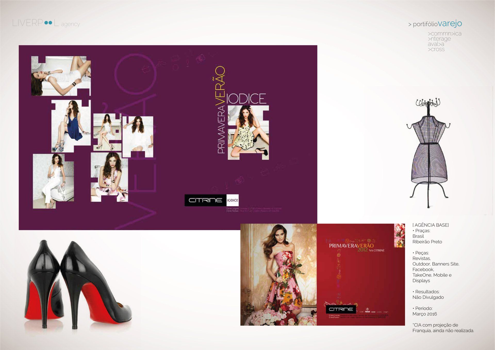 Uma matéria de revista de moda apresenta mulheres com roupas estilosas, um manequim e sapatos de salto alto em um fundo roxo e vermelho.