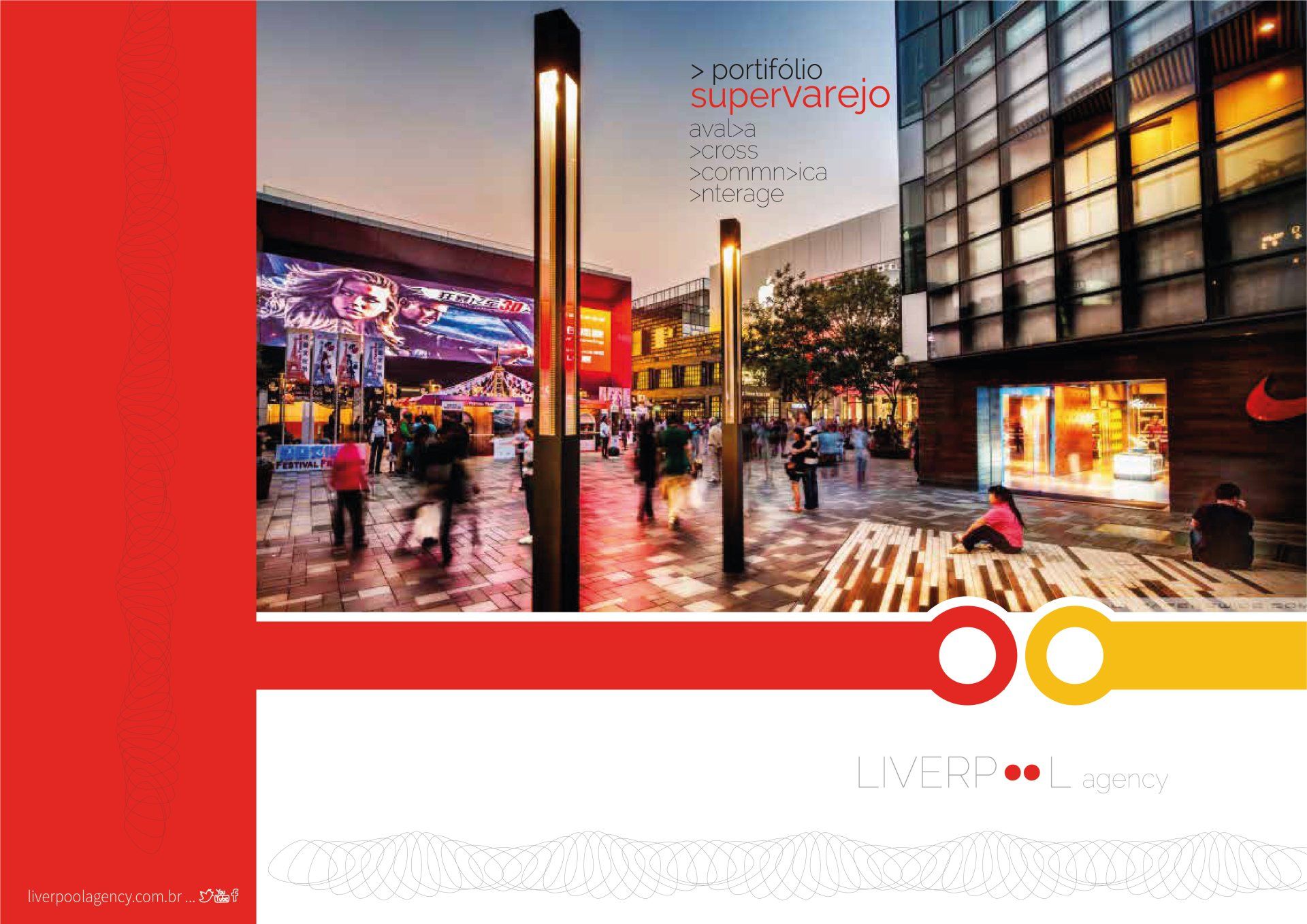 Um gráfico digital apresentando uma área comercial externa movimentada e iluminada, com texto e elementos de marca em vermelho e dourado.