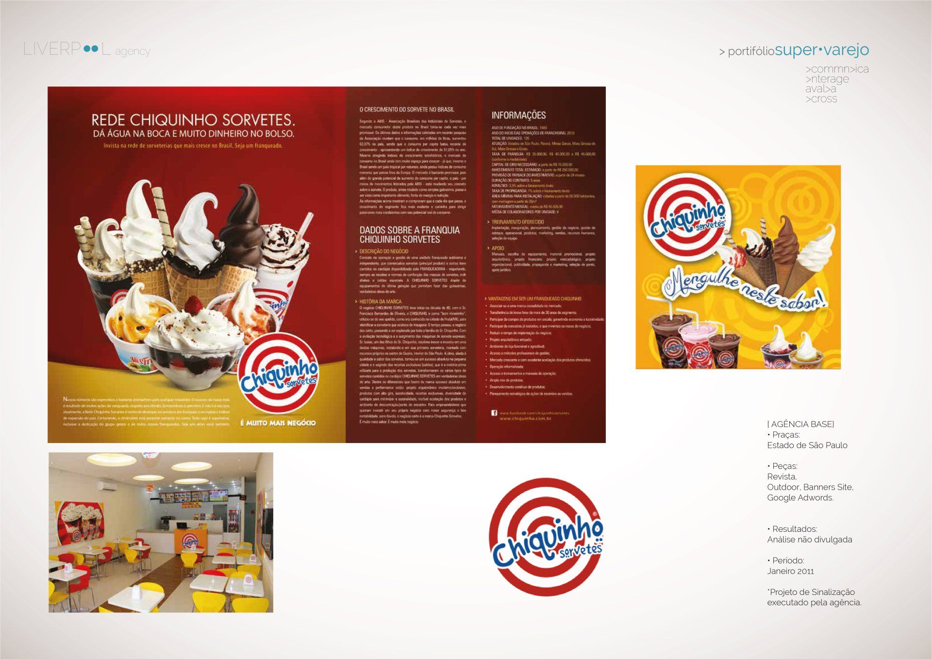 Promotional materials for Chiquinho Sorvetes featuring ice cream menus, a store interior, and company branding.