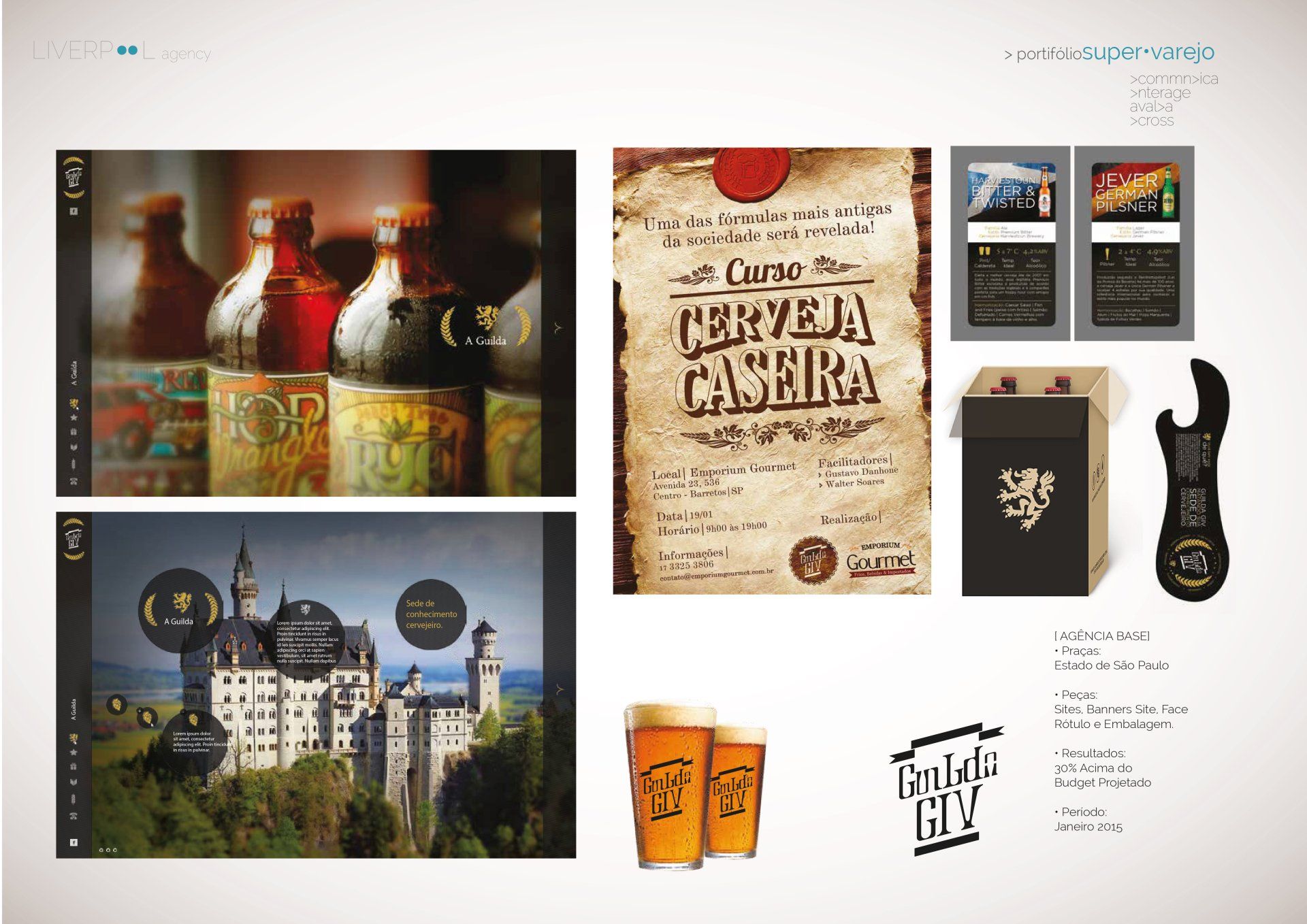 Uma página de portfólio de design apresenta a identidade visual de um curso de fabricação caseira de cerveja, incluindo rótulos, um castelo e copos personalizados.