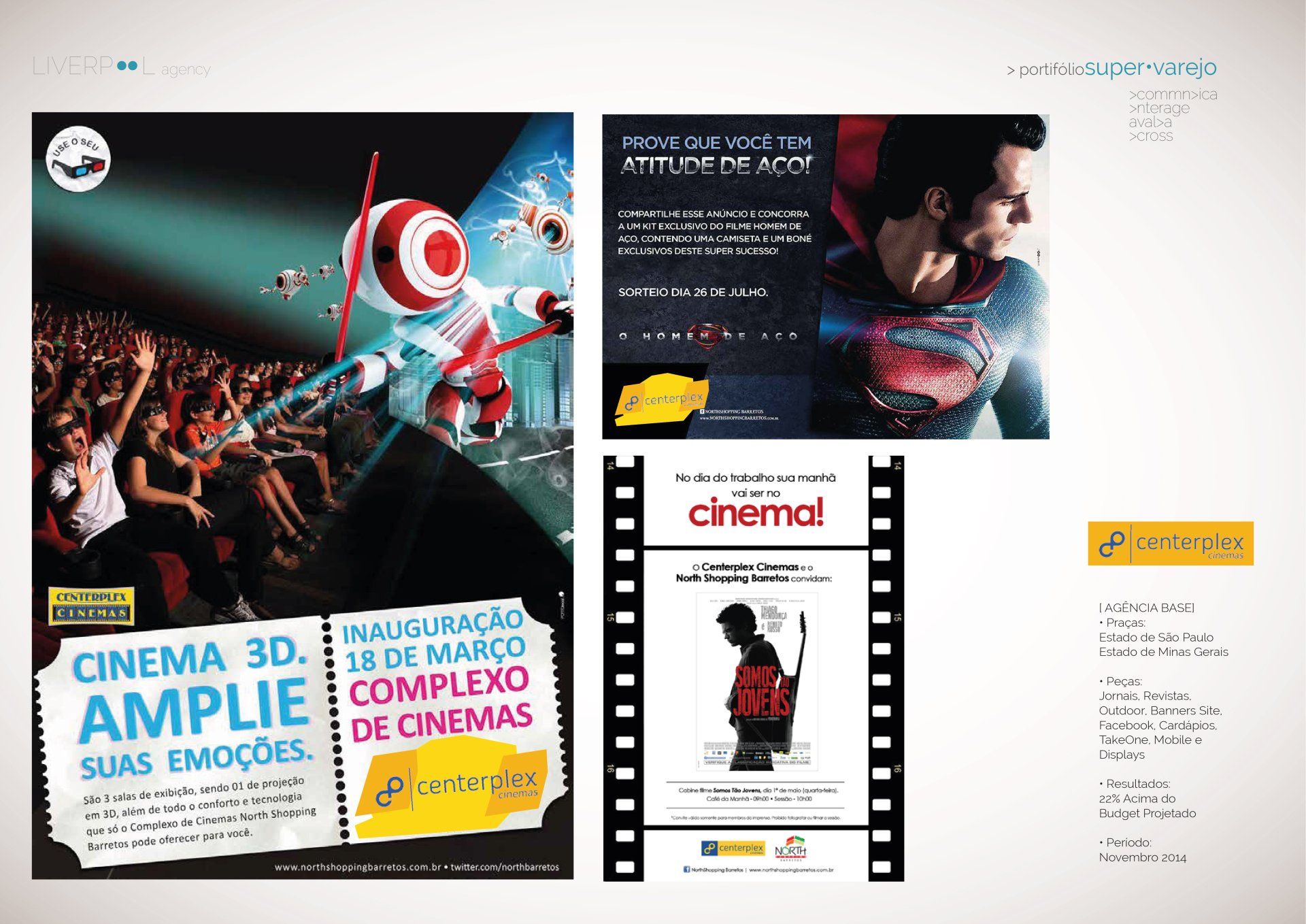 Página promocional de um complexo de cinemas com cartazes de filmes, imagens dos filmes e detalhes do evento de inauguração em 18 de março.