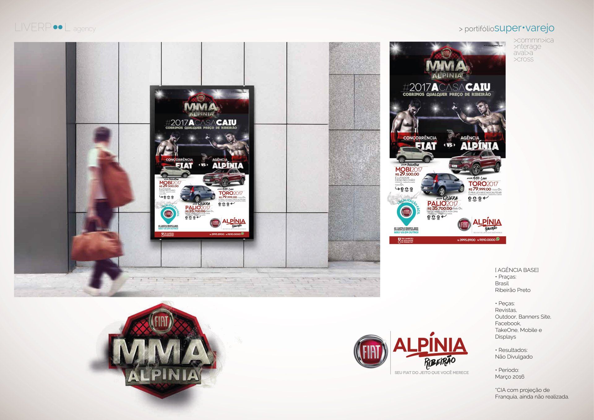 Uma maquete de outdoor apresentando a promoção de MMA Alpinia com a marca de um carro, instalada na parede de um prédio moderno.