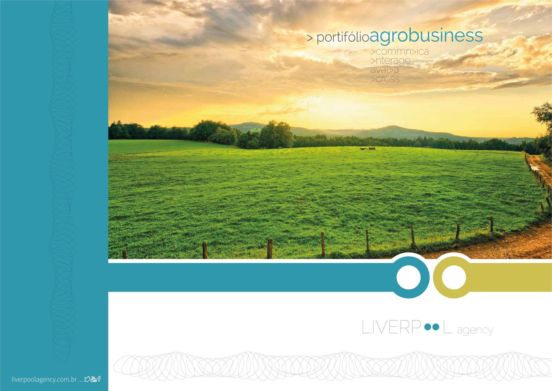 Capa de portfólio com um campo verdejante sob um céu ao pôr do sol, com detalhes em azul e amarelo e texto corporativo.