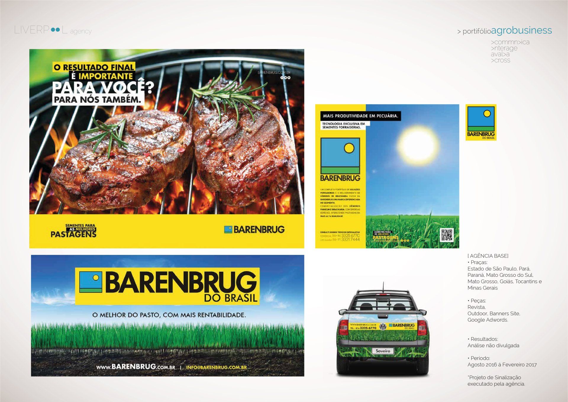 Uma colagem que destaca a identidade visual da Barenbrug do Brasil, apresentando bifes grelhados, um pasto ensolarado e uma caminhonete com a marca.