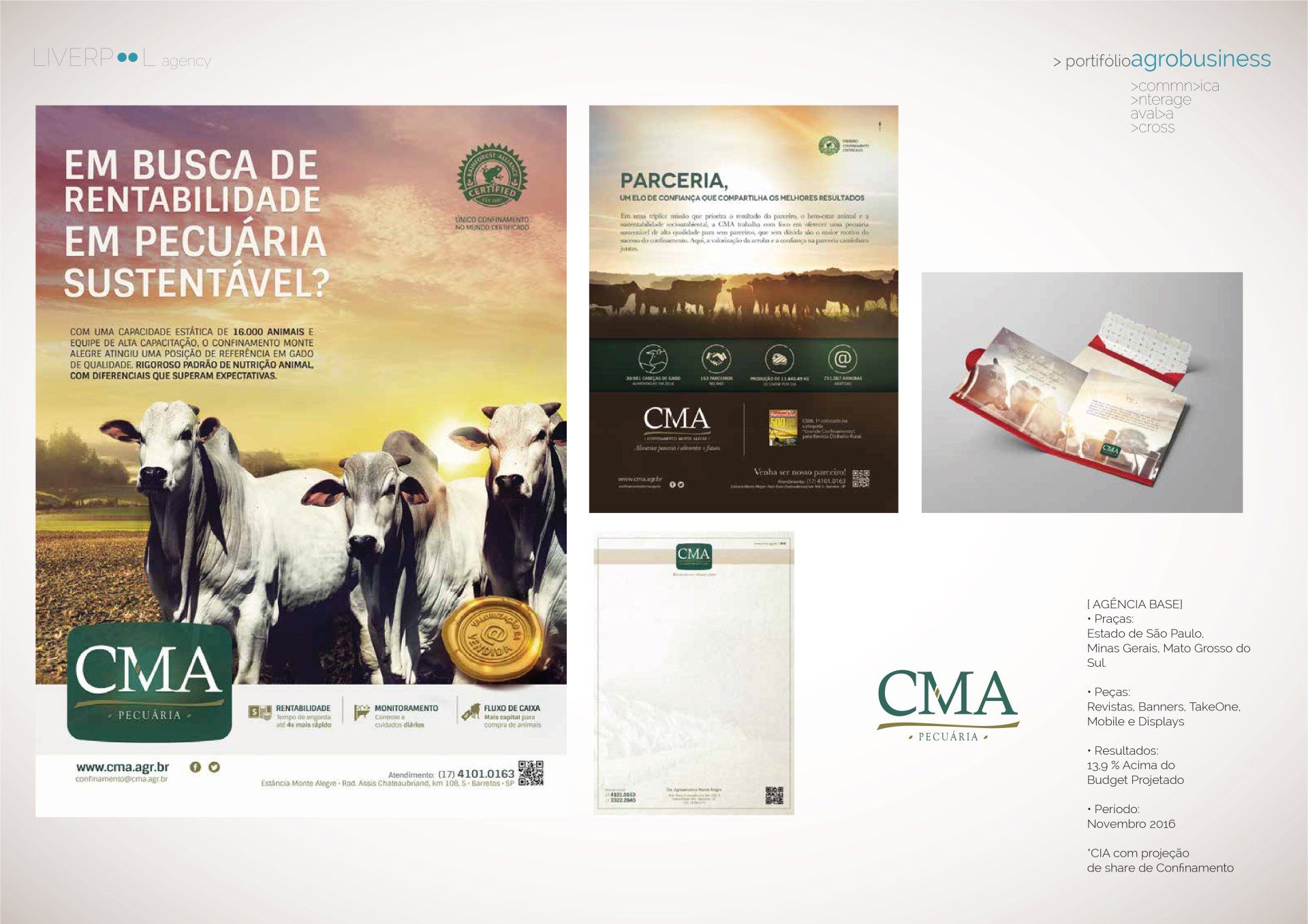 Material de marketing para a CMA, apresentando gado em um campo, gráficos promocionais, um folheto e informações de contato da empresa.