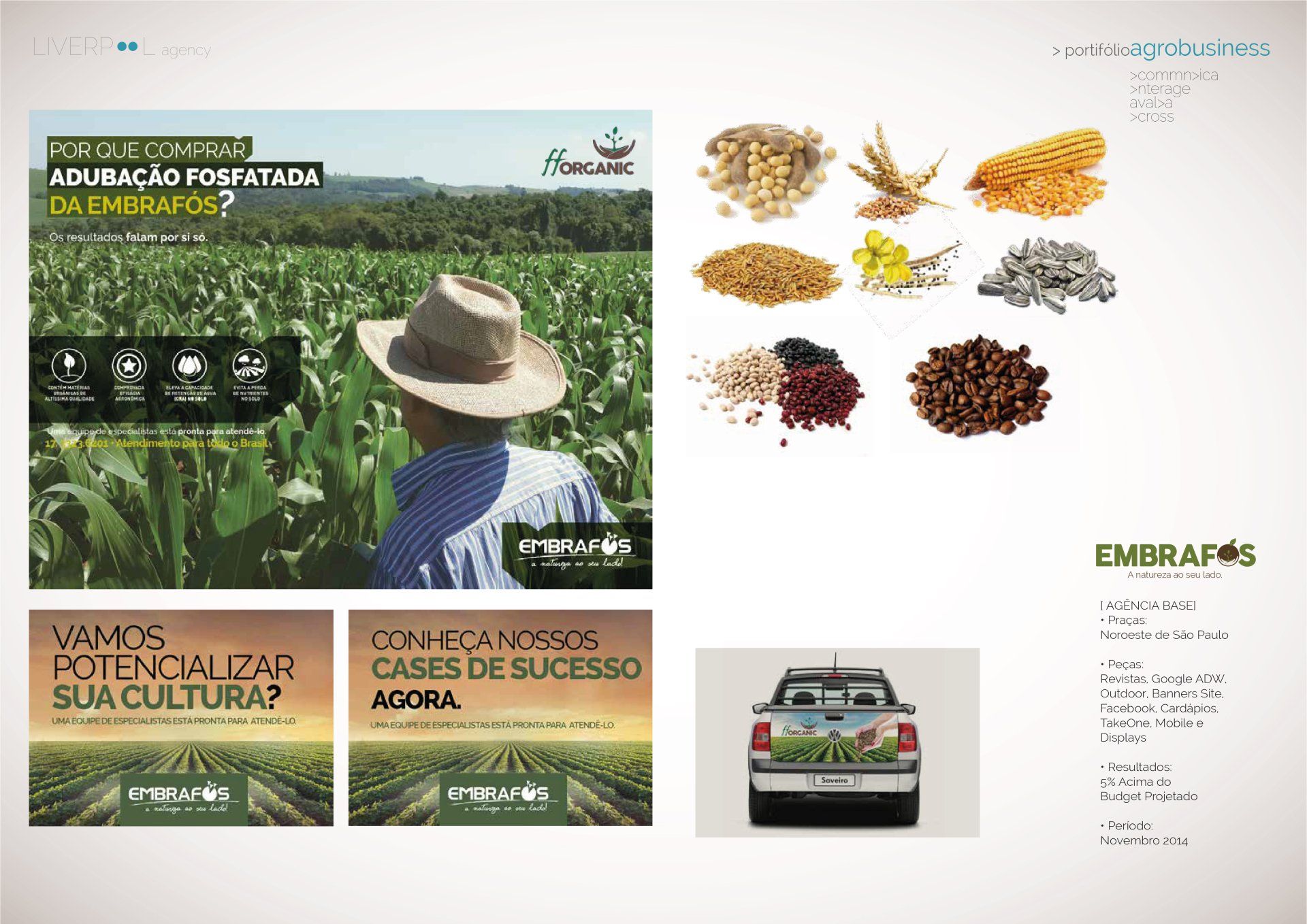 Anúncio do fertilizante EMBRAFOS, apresentando um agricultor no campo, diversas sementes de cultivo e a marca em uma caminhonete.