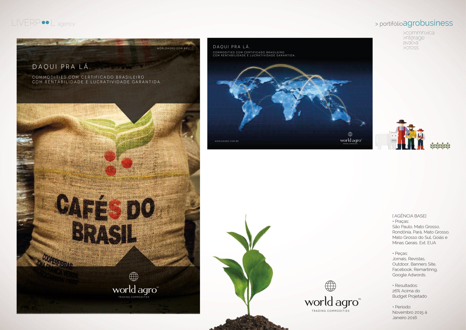 Uma montagem mostra um saco de café brasileiro, um mapa-múndi com linhas de conexão globais e uma pequena planta com a marca World Agro.